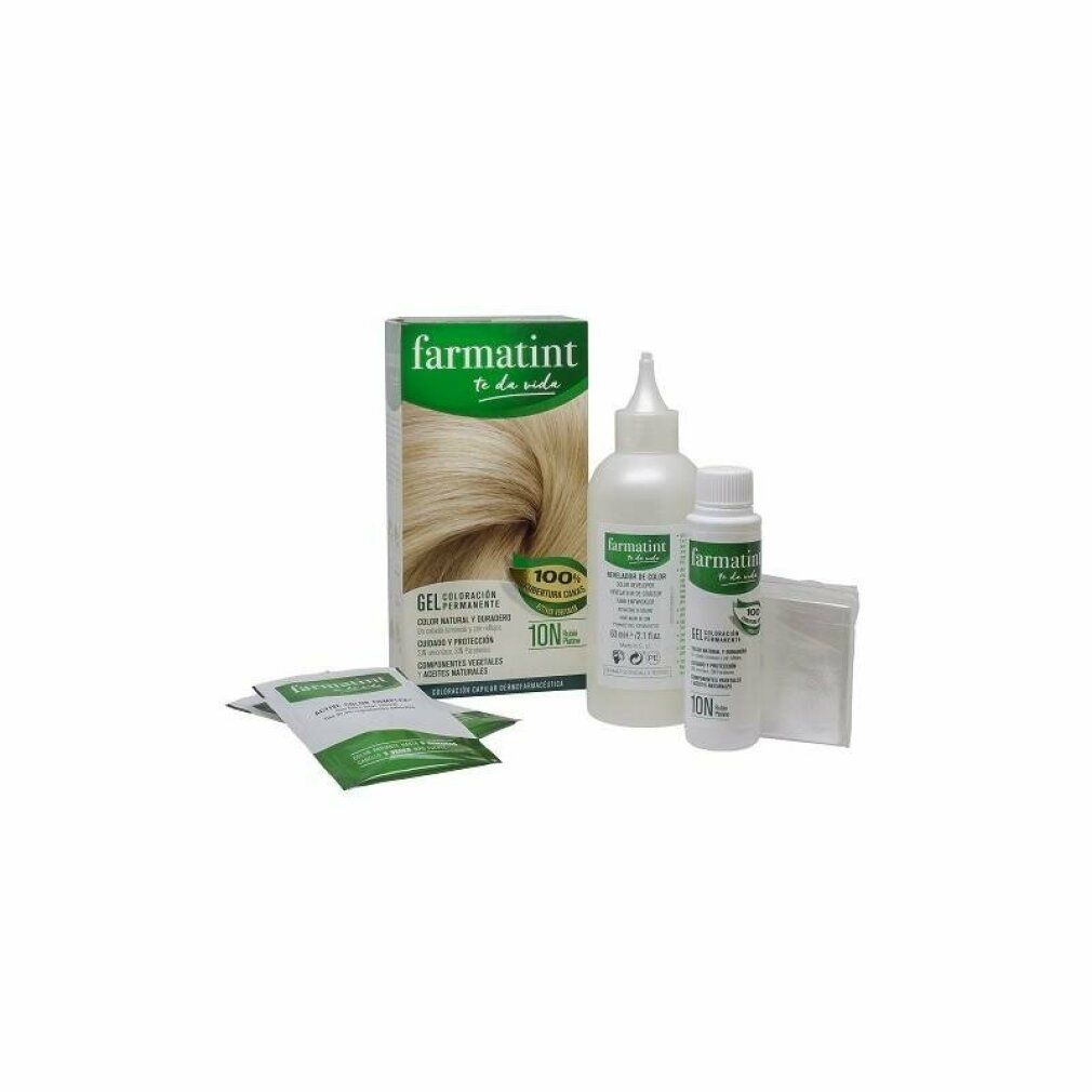 Haarfärbemittel-Set. Enthält Schachtel, Flaschen, Beutel. Aufschrift: Farmatint. Farbton: 10N Biondo Platino.