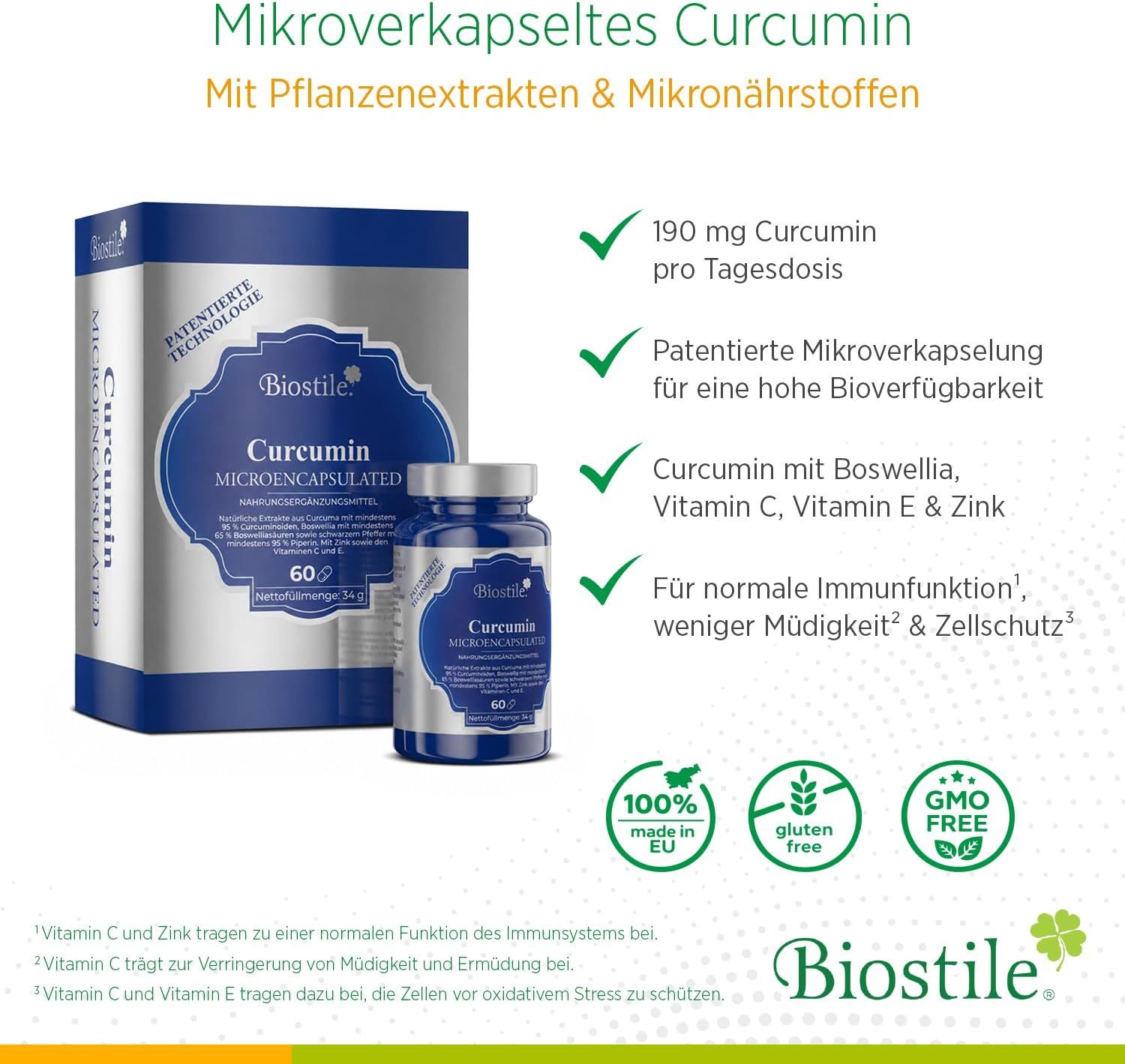 Biostile Curcumin Kapsel und Verpackung mit Zertifikaten.