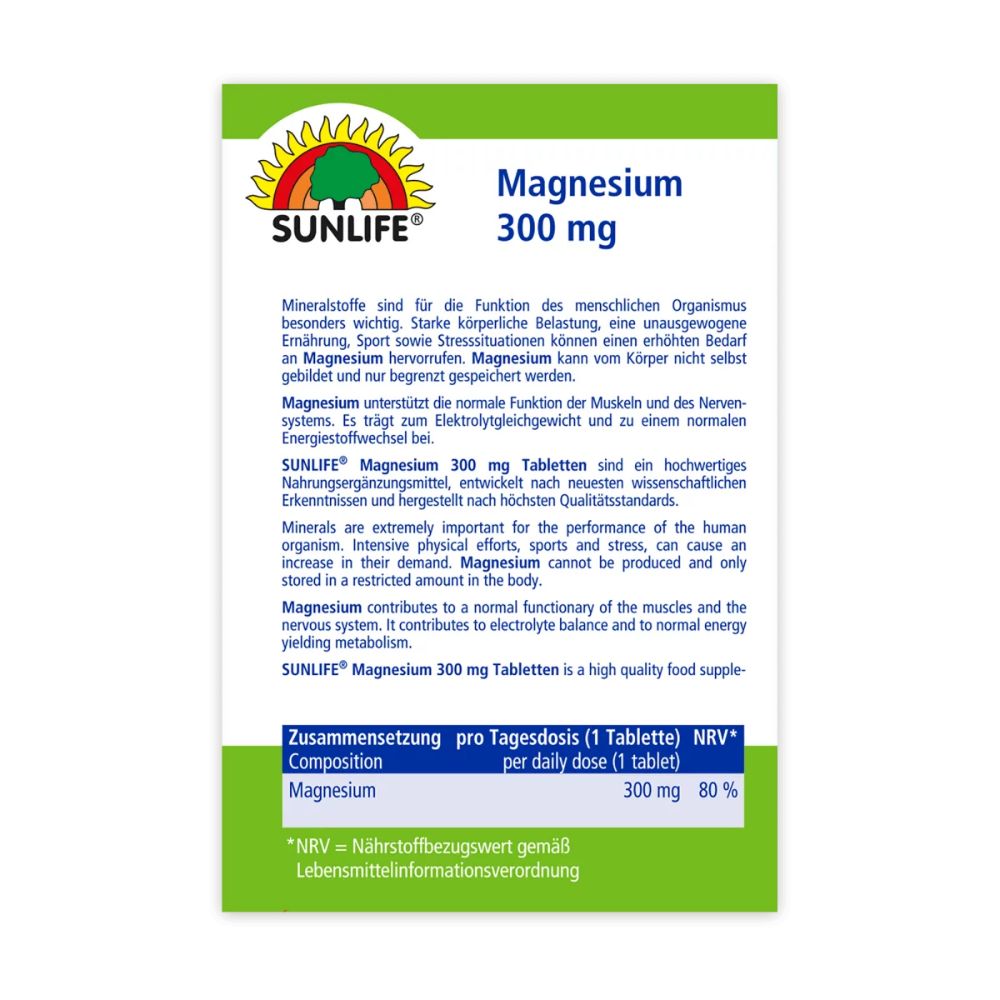 Rückseite der Sunlife Magnesium 300 Tabletten-Verpackung. Text: Magnesium 300 mg. Zusammensetzung pro Tagesdosis: 300 mg Magnesium.