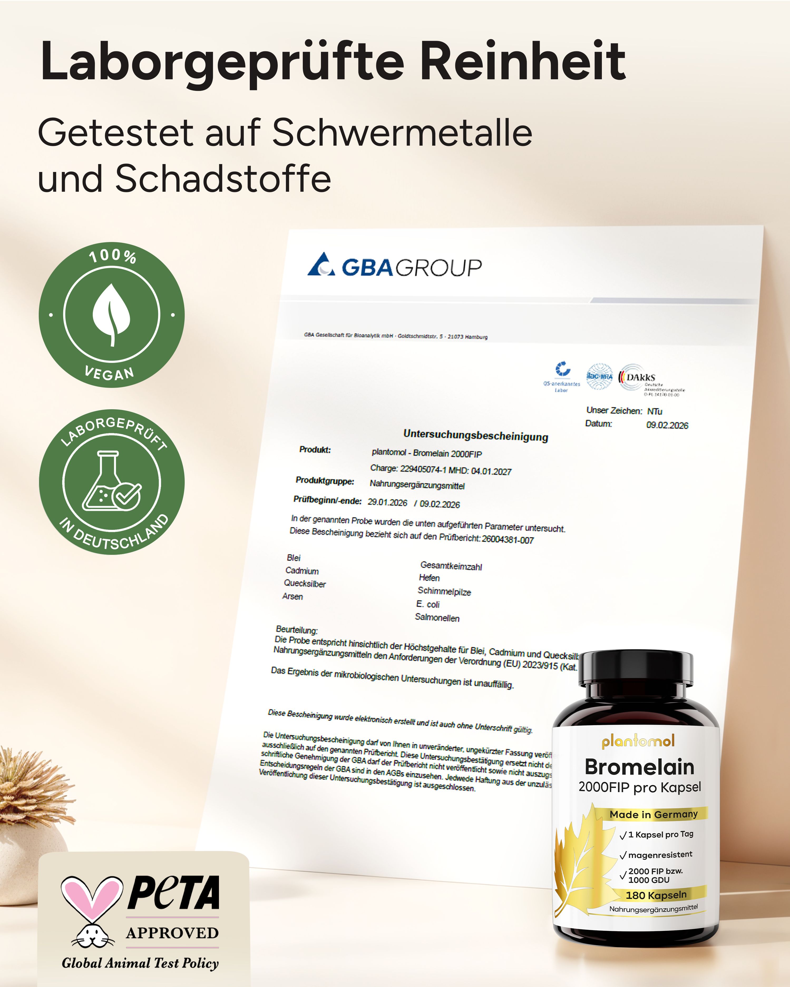 Flasche mit Etikett. Text: Laborgeprüfte Reinheit. Vegan, Laborgeprüft in Deutschland. PETA Approved. Zertifikat.