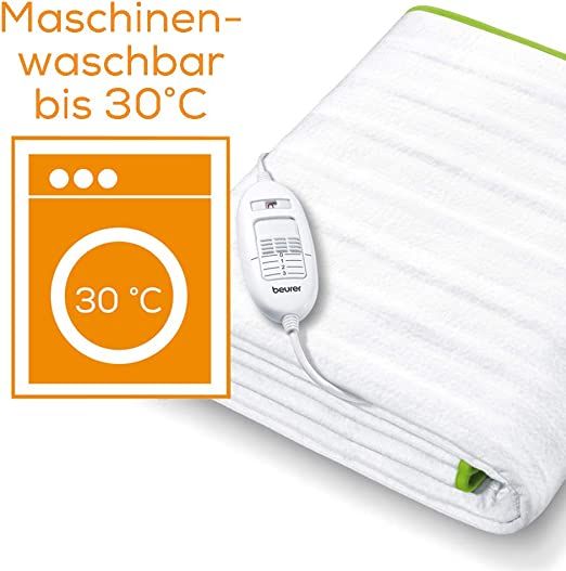 Weißes Wärmeunterbett mit grünem Rand und Bedienelement. Waschbar bis 30°C, Waschsymbol.