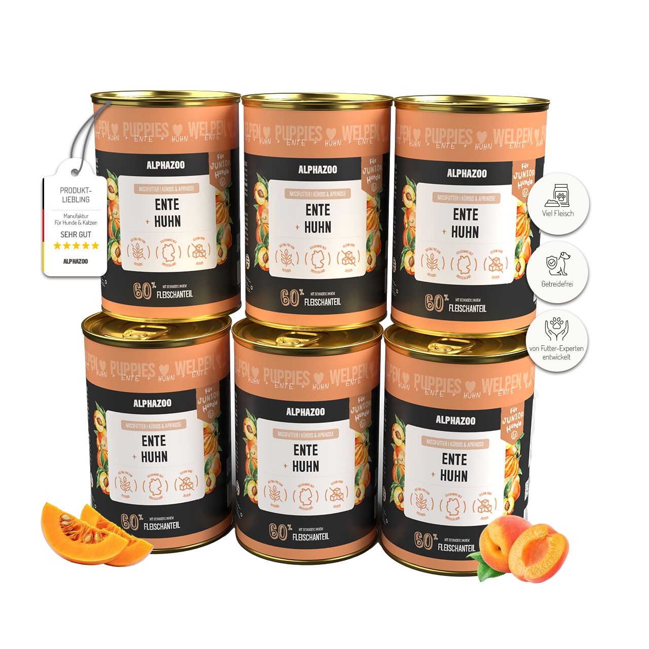 Sechs Dosen Nassfutter für Welpen, mit Pfirsich und Kürbis. Produktname und Logo sichtbar. Etikett mit Auszeichnung.
