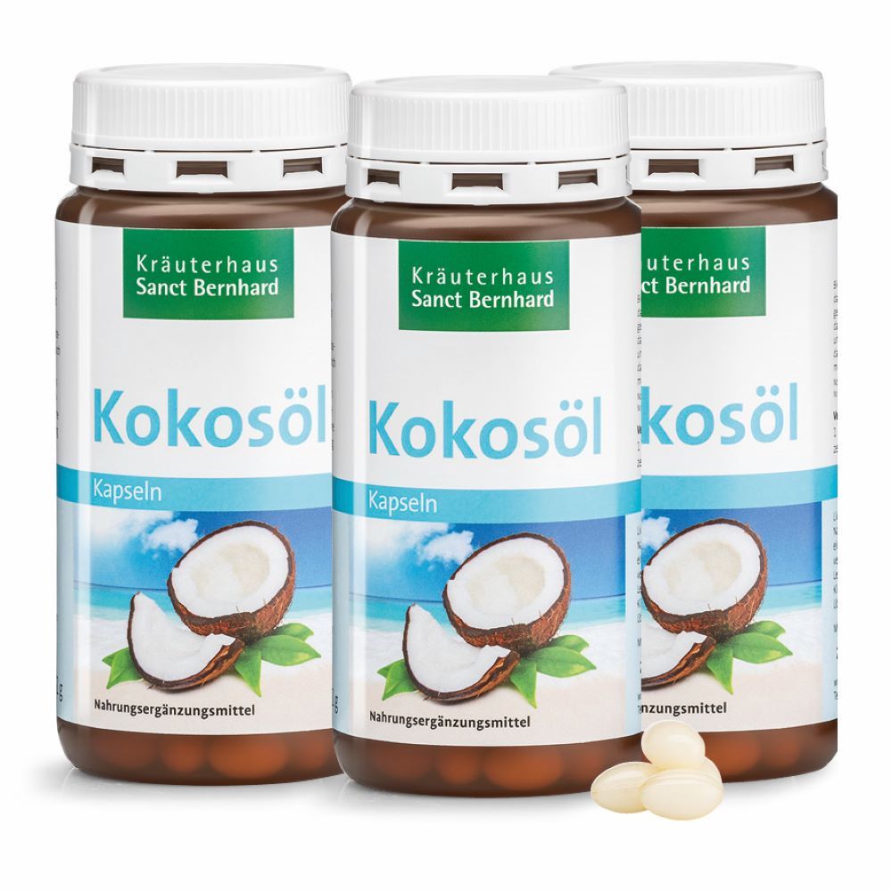 Drei Flaschen Kokosöl-Kapseln. Weiße Deckel, braune Behälter, Etikett mit Produktname und Kokosnuss-Illustration. Einige Kapseln liegen daneben.