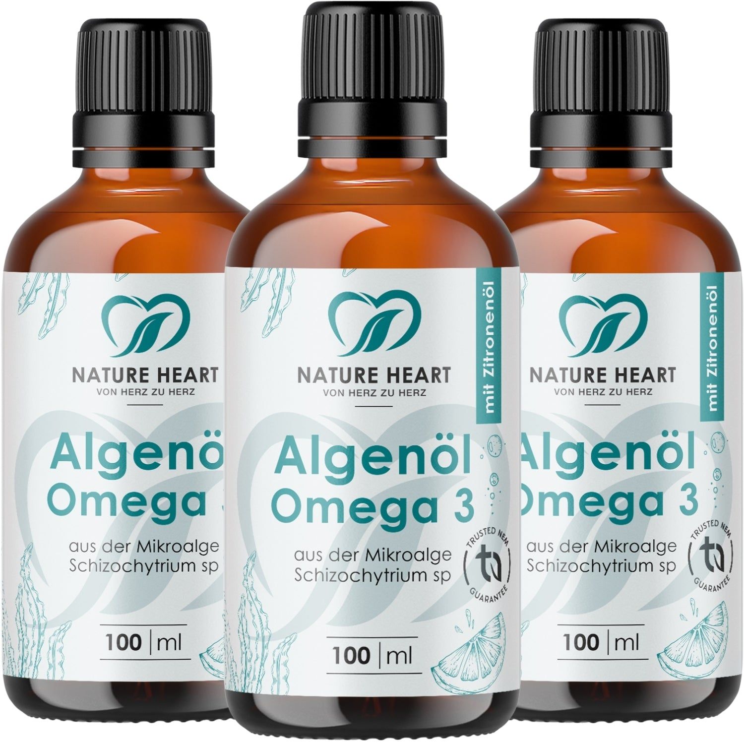 Nature Heart Algenöl Omega 3, 100 ml Flaschen. Mit Zitrone.