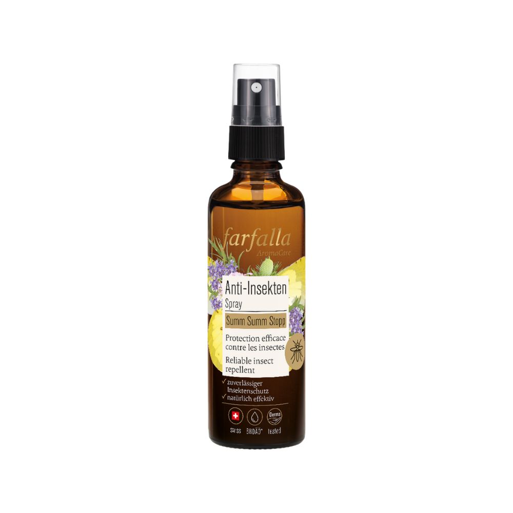 Braune Sprühflasche mit weißem Zerstäuber. Aufschrift: Farfalla Anti-Insekten Spray. Mit floralen Illustrationen und Produktinformationen.