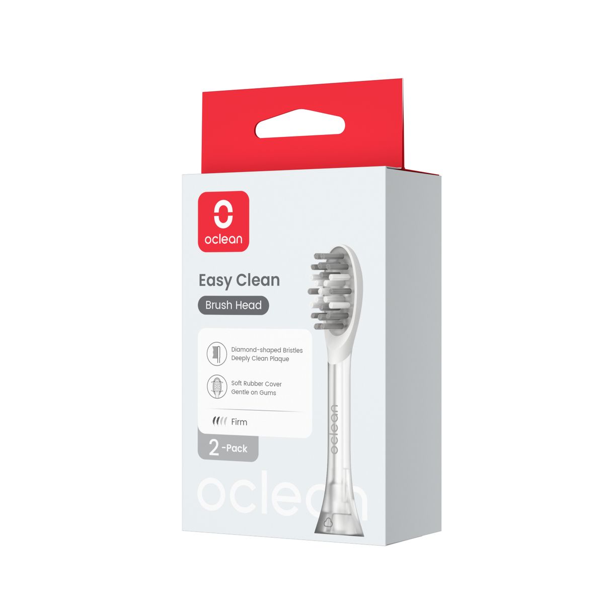 Verpackung von Oclean Bürstenköpfen. Weißer Karton mit Produktbild und Text. Oclean Logo und Produktname.