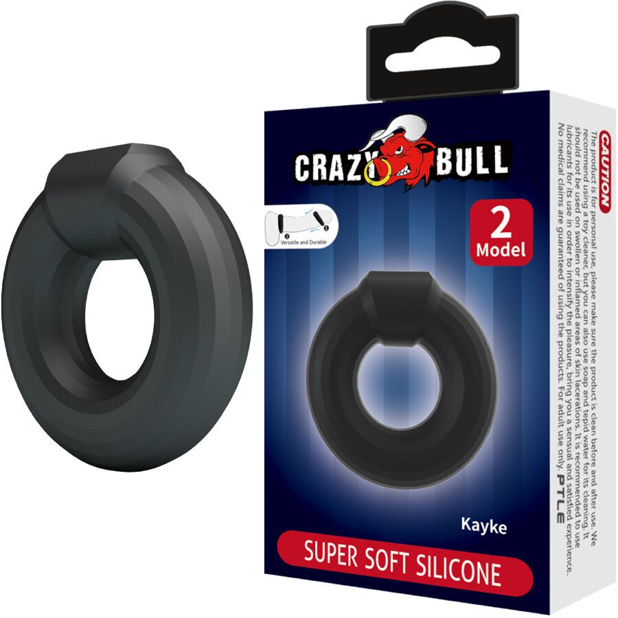 Produktverpackung mit Penisring. Marke Crazy Bull, Modell Kayke. Schwarzer Ring, Text: Super Soft Silicone.