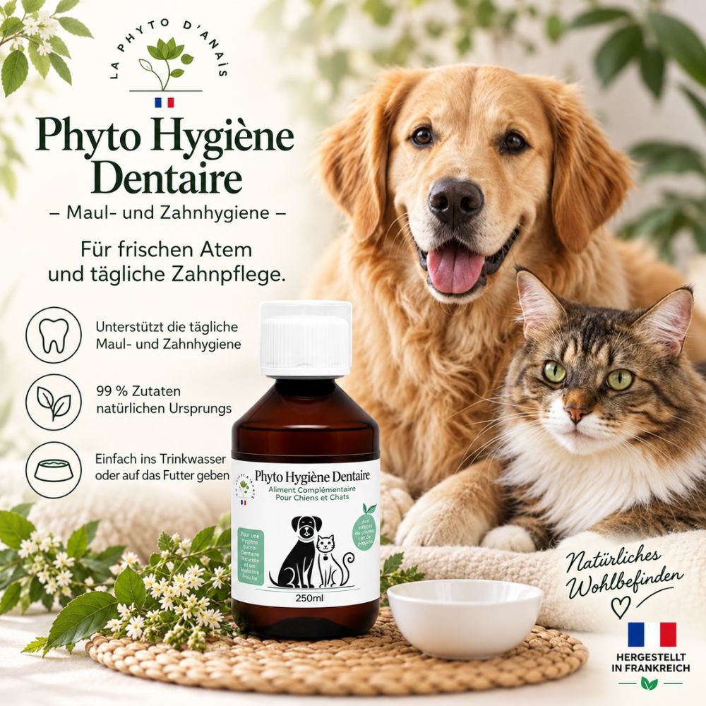 Braune Glasflasche mit weißem Verschluss, Etikett mit Hund- und Katzensilhouette, 250ml.