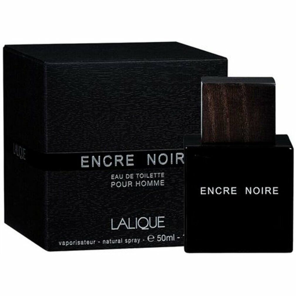 Schwarzer Flakon und Verpackung. Aufschrift: Encre Noire, Eau de Toilette Pour Homme, Lalique. Holzverschluss.