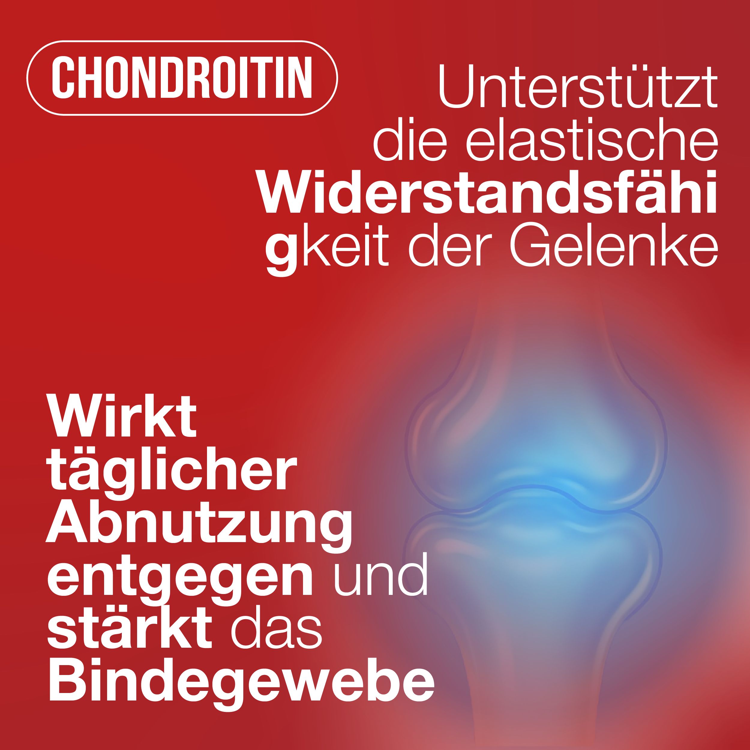 Chondroitin unterstützt die elastische Widerstandsfähigkeit der Gelenke und wirkt täglicher Abnutzung entgegen.