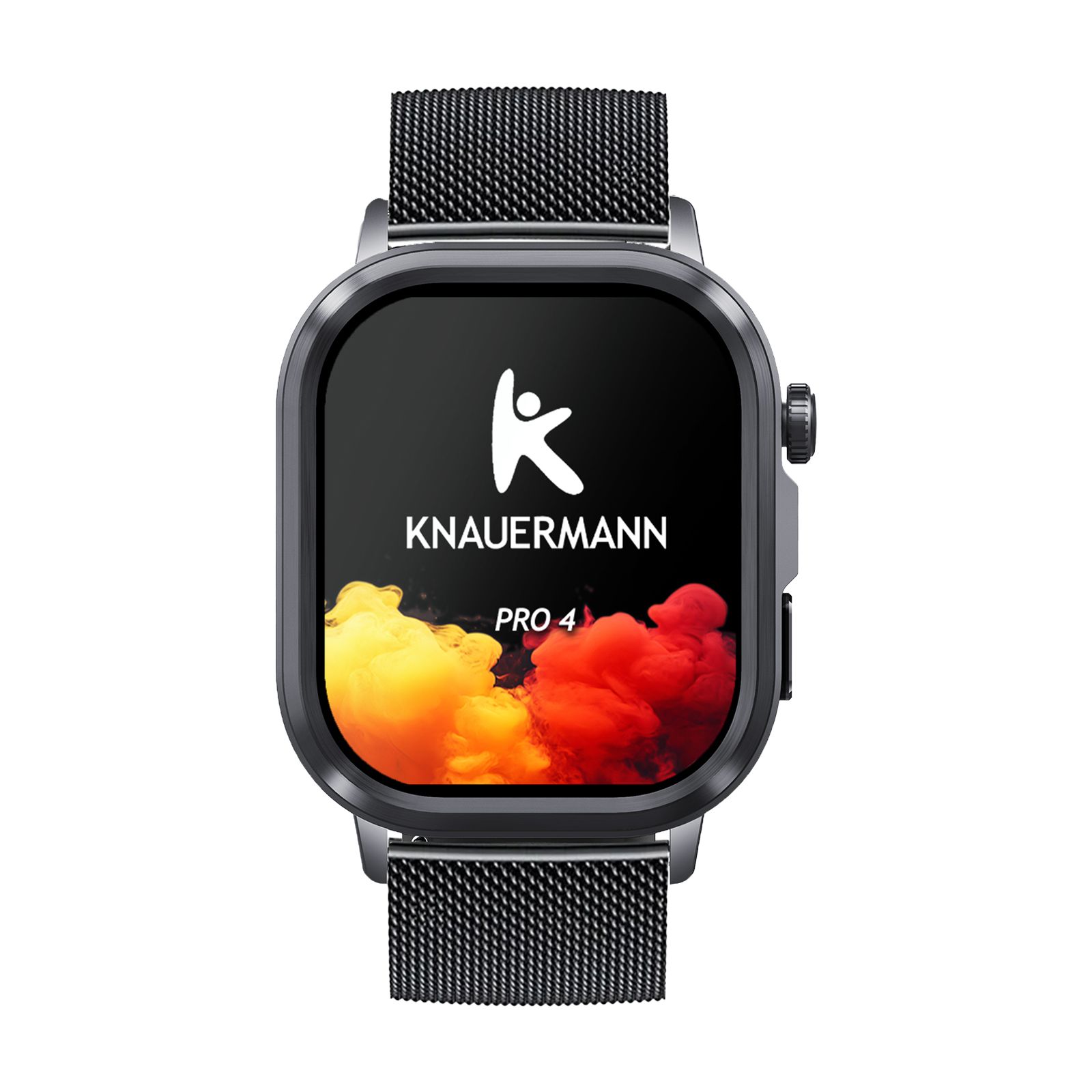 Smartwatch mit schwarzem Metallarmband. Display mit Logo und Schriftzug Knauermann PRO 4. Draufsicht.