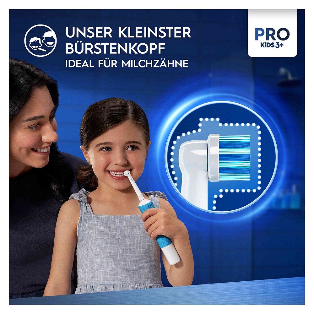 Kind mit elektrischer Zahnbürste, kleiner Bürstenkopf für Milchzähne. "Pro Kids 3+"