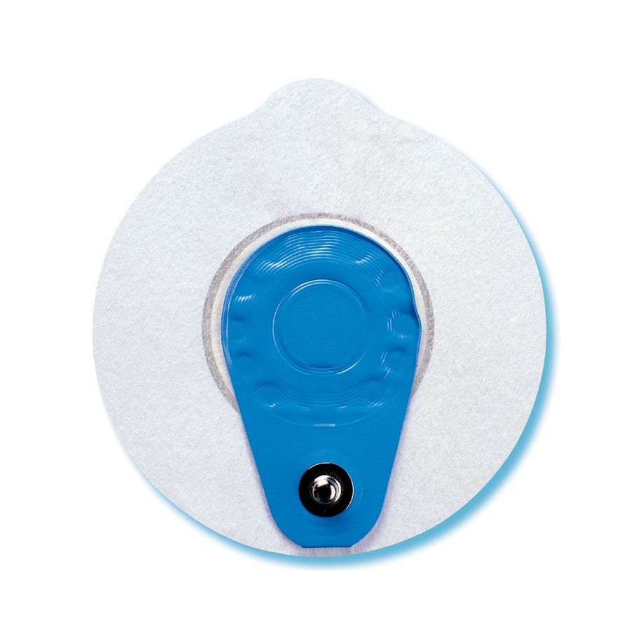 Runde EKG-Elektrode. Weißes Vlies mit blauem Sensor und Metallknopf in der Mitte.