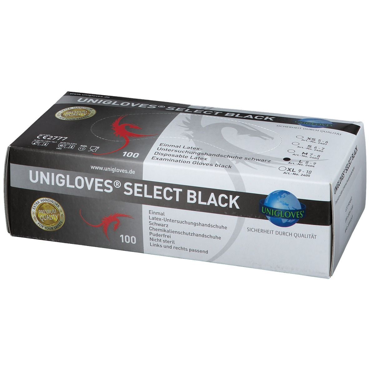Schwarze Handschuhbox. Aufschrift: UNIGLOVES® SELECT BLACK. Enthält 100 Einmalhandschuhe. Größenangaben. CE-Kennzeichnung.