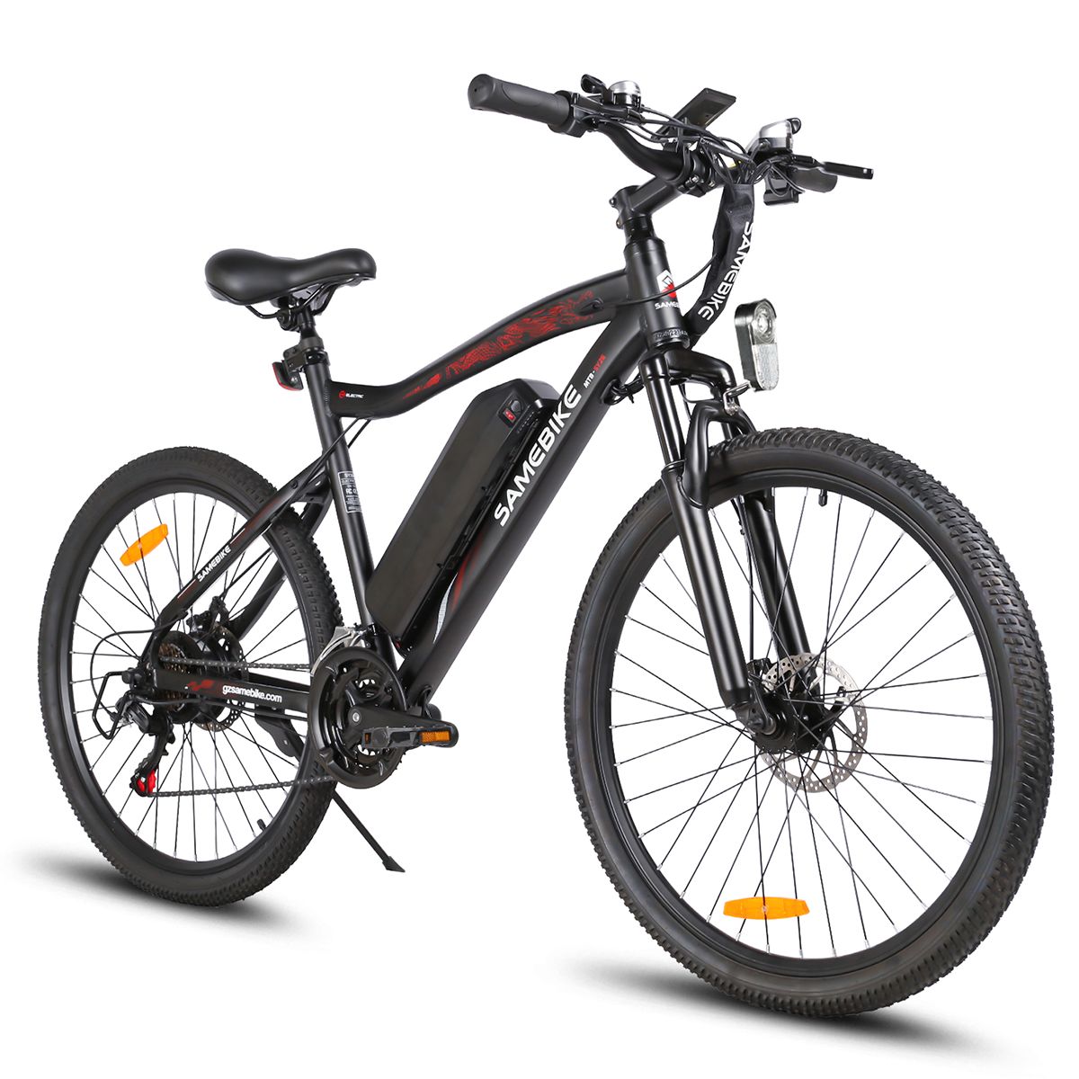 Schwarzes E-Bike SAMEBIKE. Rote Akzente. Shimano 21 Gänge. Frontansicht.