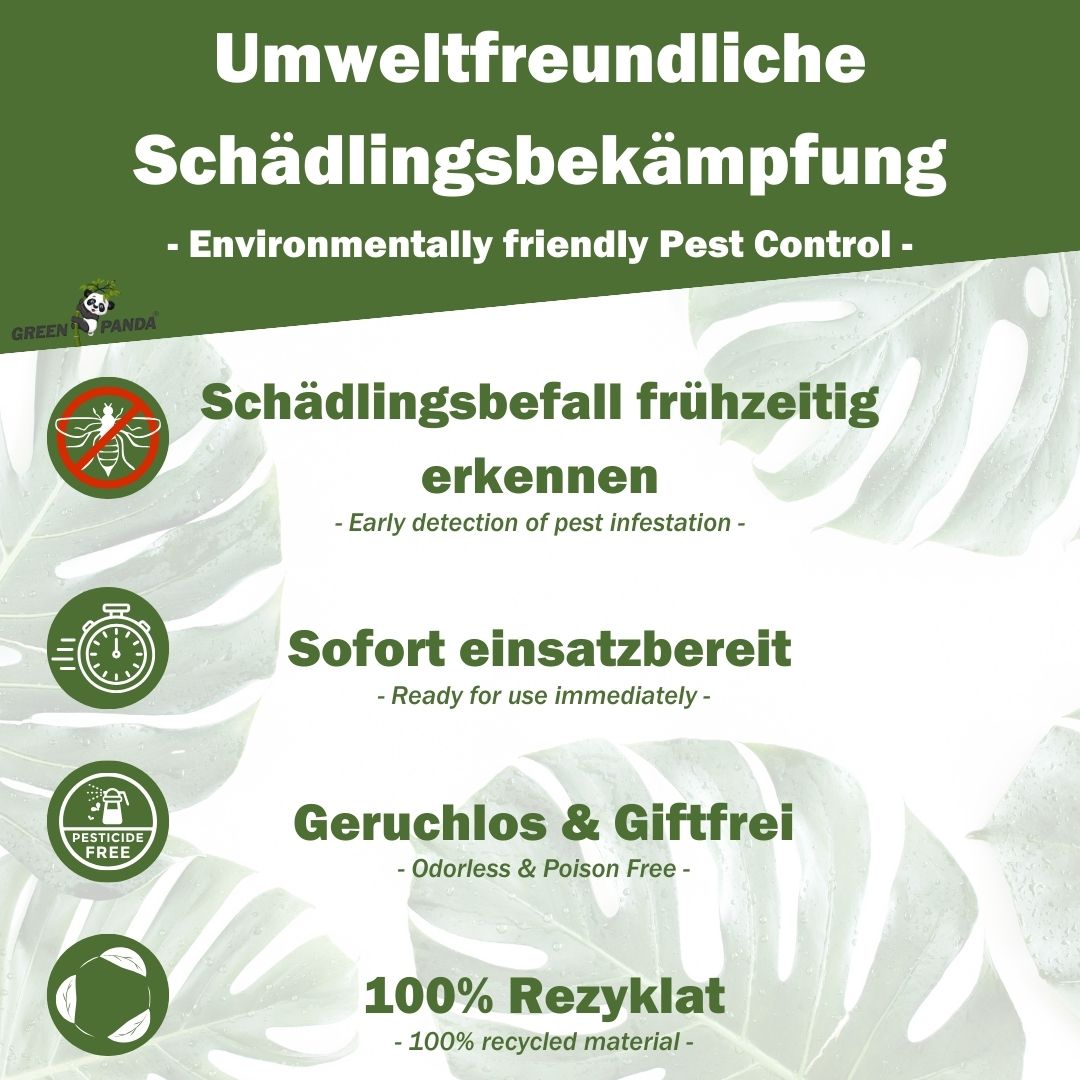 Grafik: Umweltfreundliche Schädlingsbekämpfung. Erkennen, sofort einsatzbereit, geruchlos, 100% Recycling.