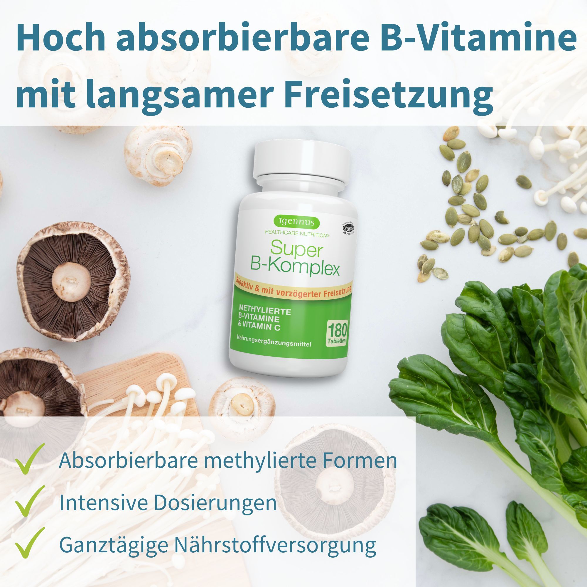 Flasche Igennus Super B-Komplex mit 180 Tabletten, umgeben von Pilzen und Spinat.