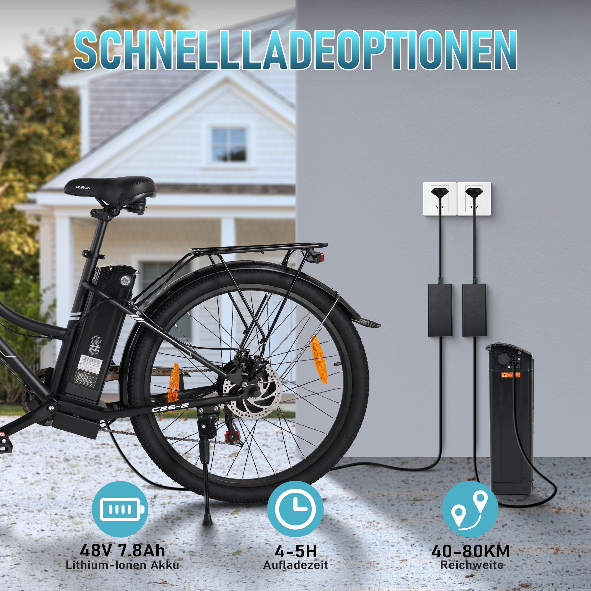 E-Bike VARUN C26-2 wird geladen. 48V 7,8Ah Akku. Ladezeit 4-5h. Reichweite 40-80KM. Schwarzes Fahrrad, Ladegeräte.
