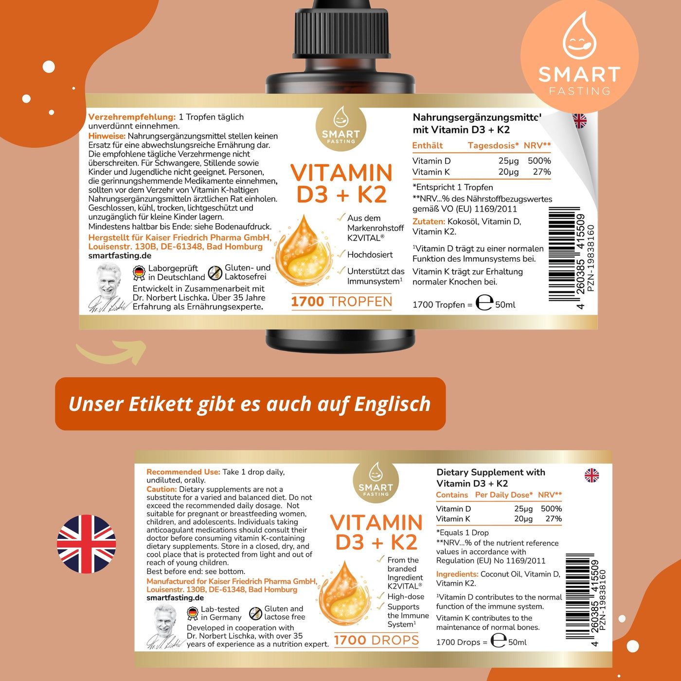 Smart Fasting® Vitamin D3 K2 - 1000I.E. Vit D & 20µg Vit K2/Tropfen - K2VITAL® 99,7% all-trans