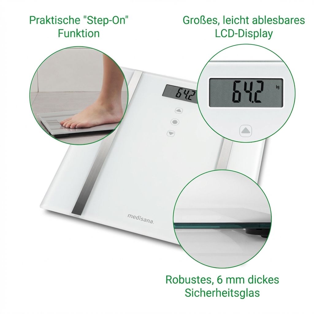 Weiße Körperanalysewaage mit Glasoberfläche, LCD-Display, "Step-On"-Funktion und 6 mm dickem Sicherheitsglas.