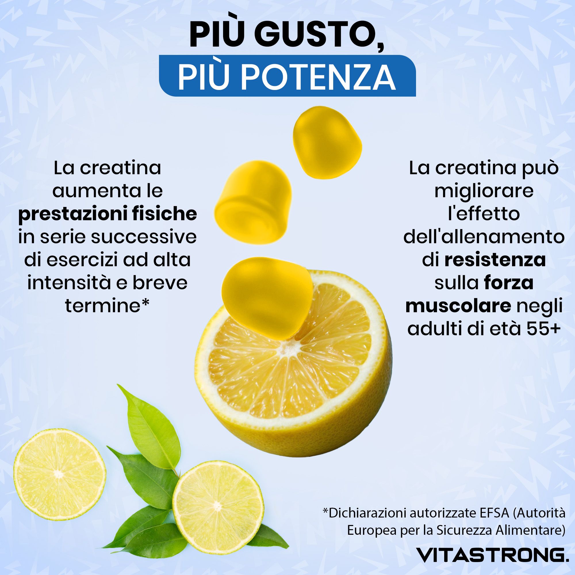 Zitronen und Kreatin-Gummis. Text: Kreatin erhöht die körperliche Leistungsfähigkeit bei intensiven Übungen. EFSA-Aussage.