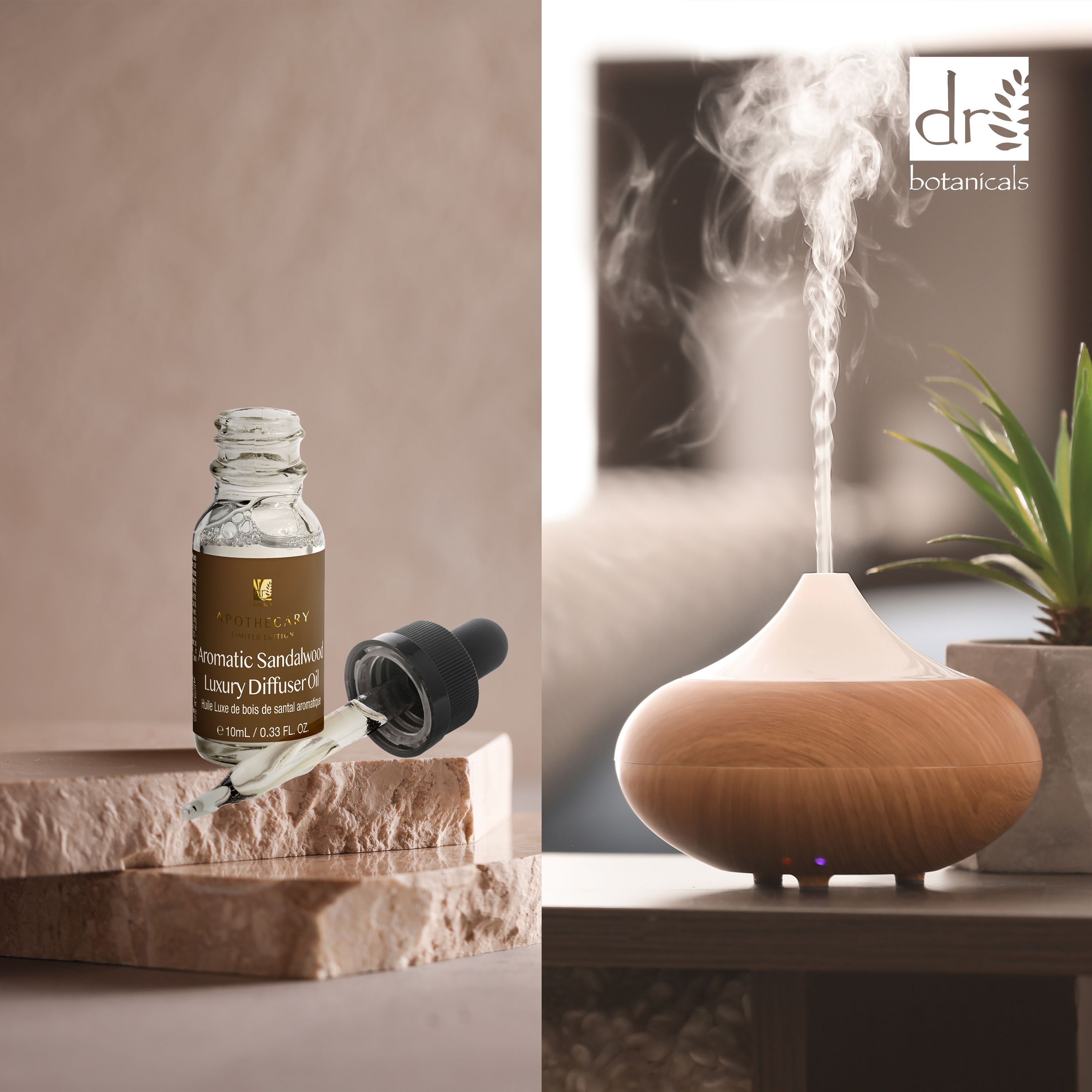 Diffusor, Holz-Basis, weißer Aufsatz, Dampf. Glasflasche mit Pipette, braunes Etikett, Text. Dr. Botanicals-Logo.