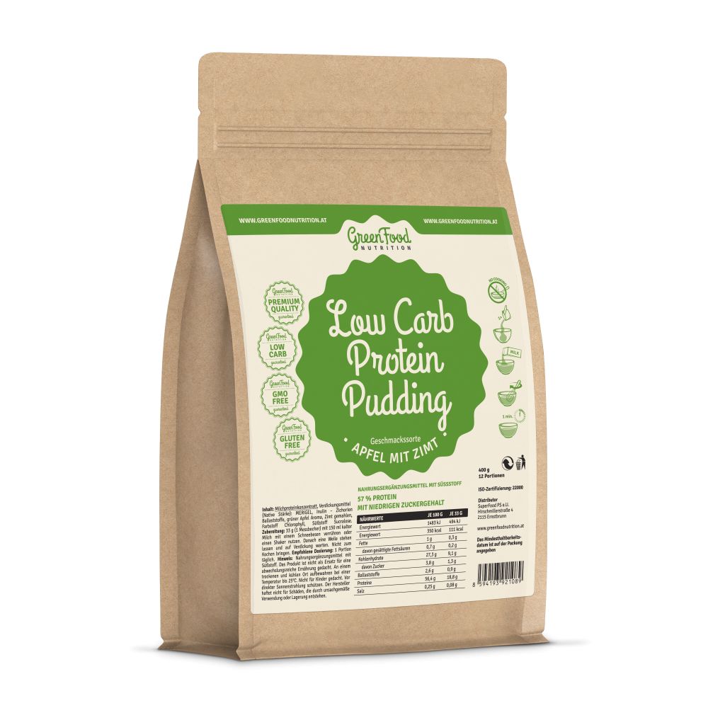 Beutel mit "Low Carb Protein Pudding". Grün-weiße Schrift auf braunem Papier. Apfel-Zimt-Geschmack. Siegel: Premium Qualität, Low Carb, GMO Free, Gluten Free.
