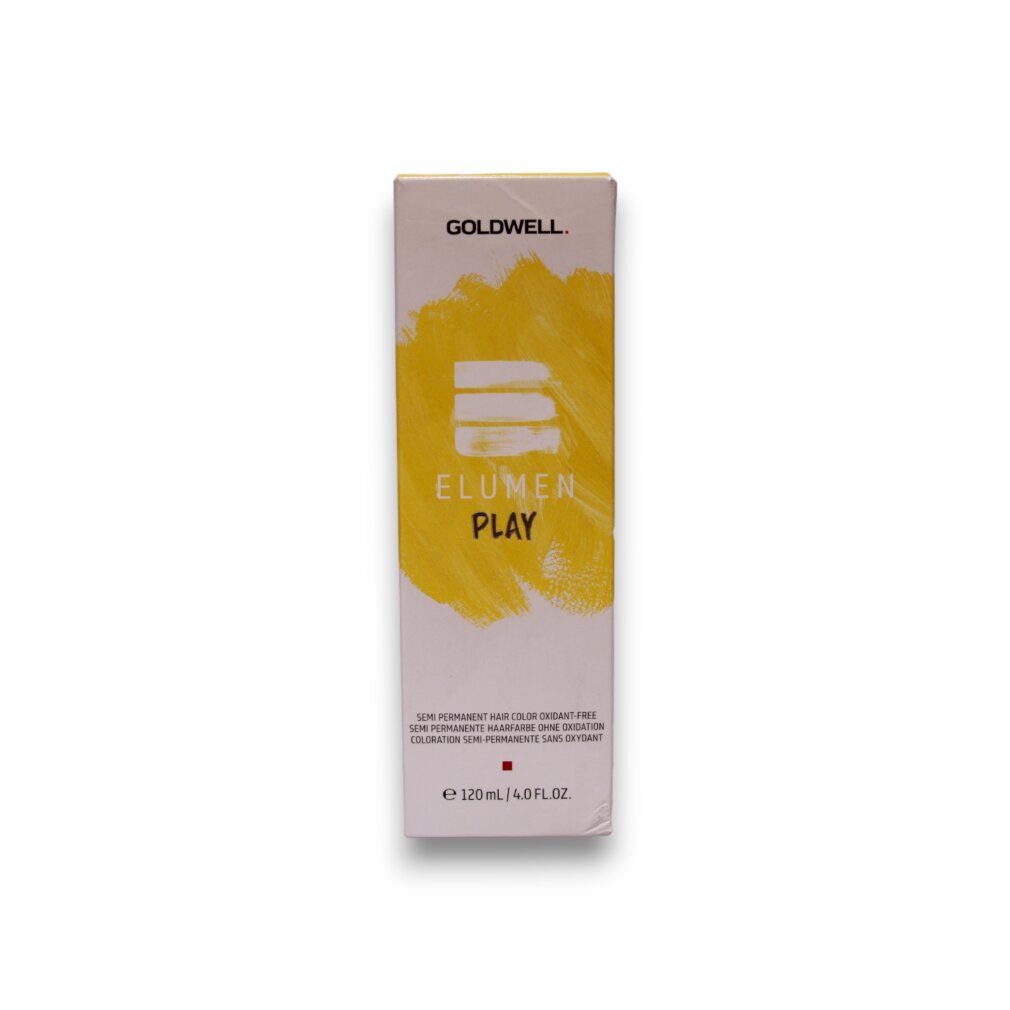 ELUMEN PLAY Haarfarben-Schachtel. Gelbe Illustration. Text: semipermanente Haarfarbe, 120 ml. Marke: GOLDWELL.