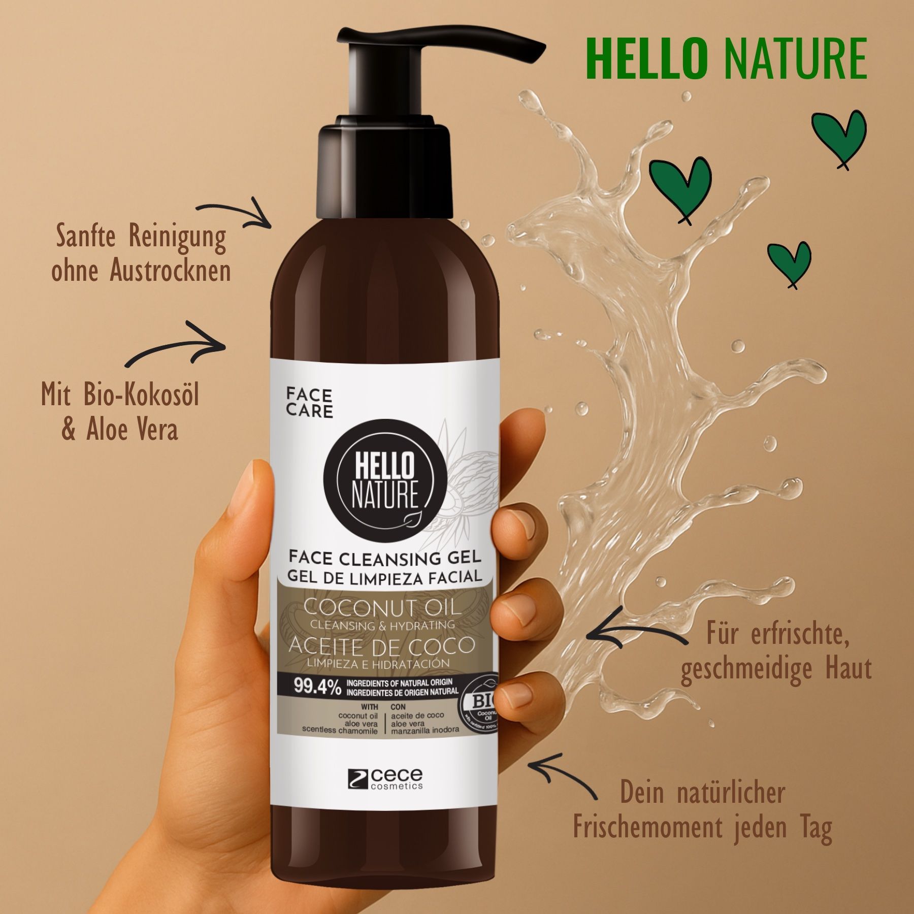 Gesichtsreinigungsgel mit Kokosöl. Braune Flasche mit Pumpe. Logo Hello Nature. Spritzer. Hand hält Flasche.