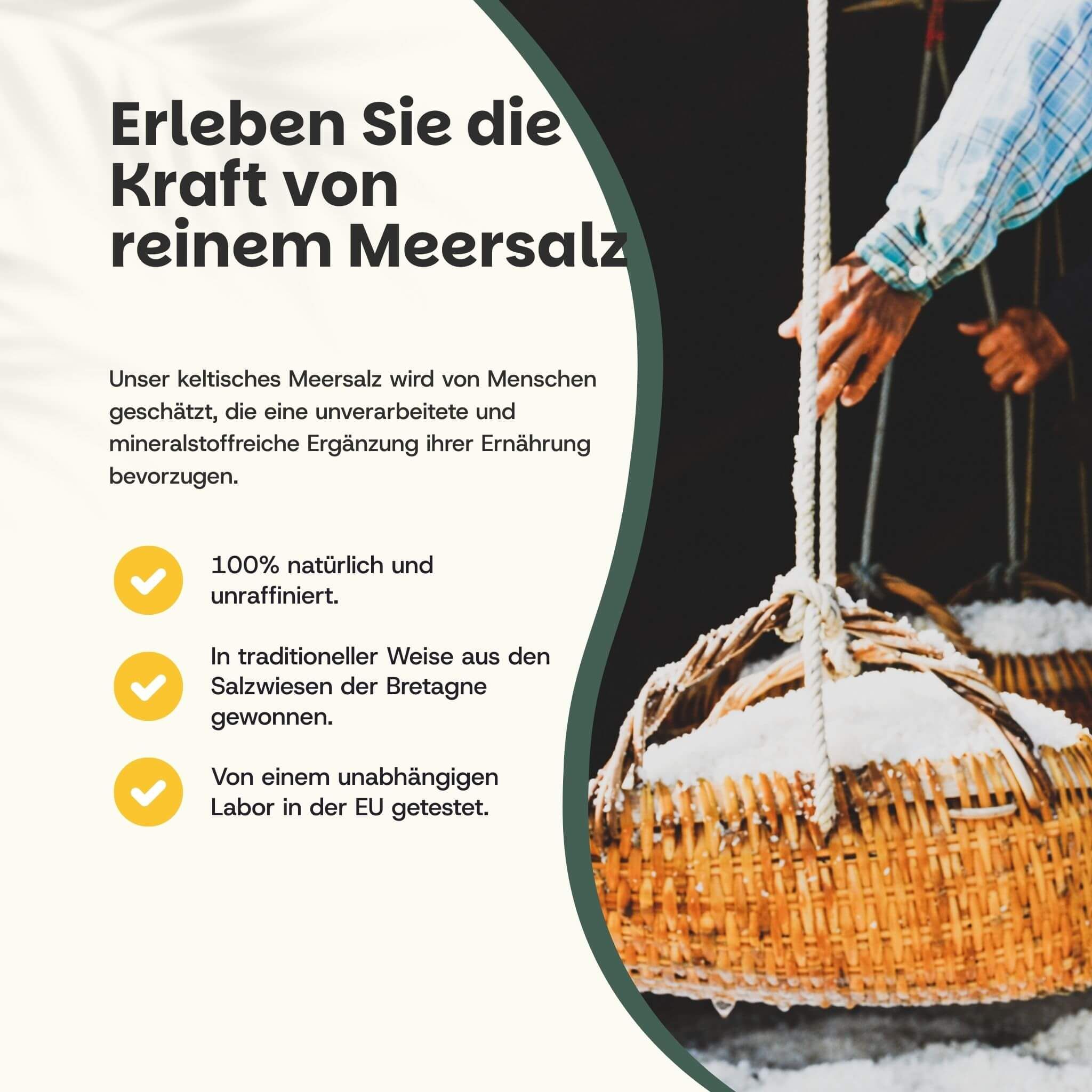 Keltisches Meersalz wird in Körben geerntet. Text: 100% natürlich und unraffiniert, handwerklich aus der Bretagne.