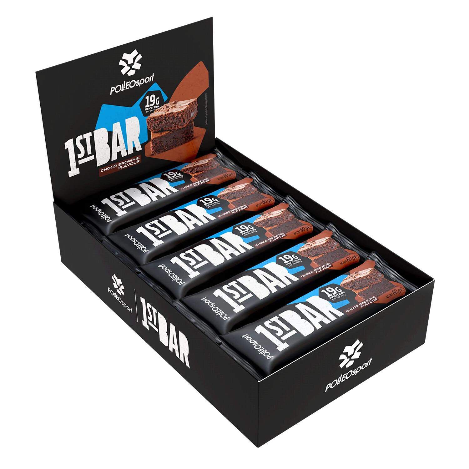 Schwarzer Karton mit mehreren verpackten Polleo 1st Bars. Aufdruck: 19g Protein, Choco Brownie. Geöffnete Verpackung.