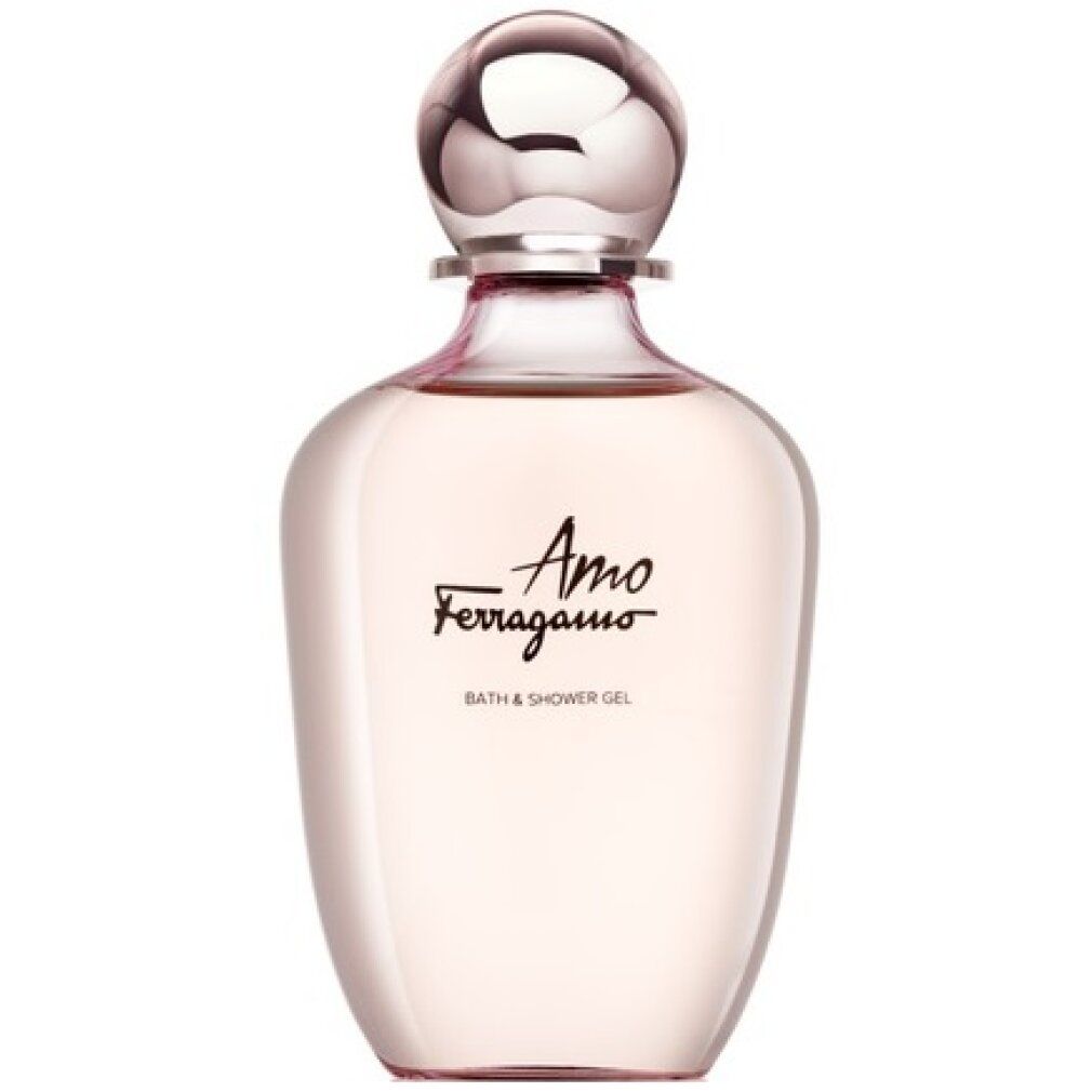 Rosa Flasche mit silbernem Verschluss. Schriftzug Amo Ferragamo und Bath & Shower Gel.