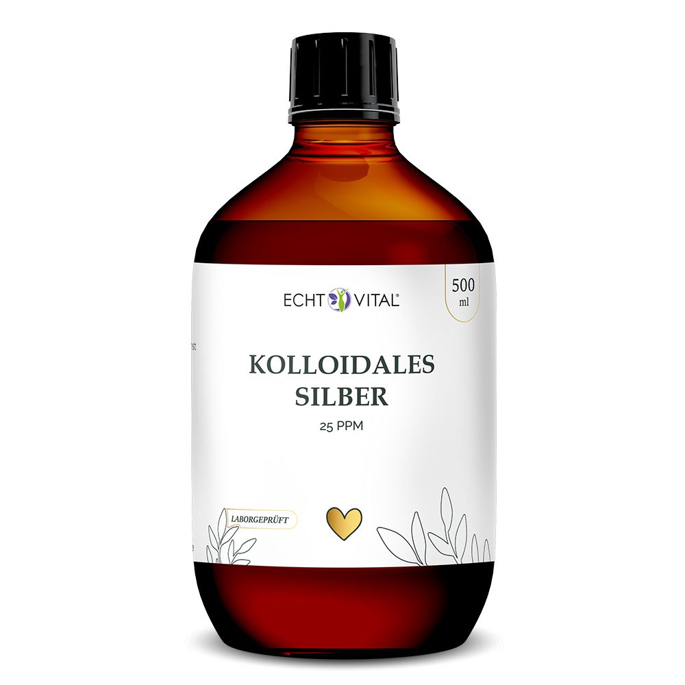 Braune Glasflasche mit schwarzem Deckel. Etikett: Echt Vital Kolloidales Silber 25 ppm, 500 ml. Laborgeprüft.