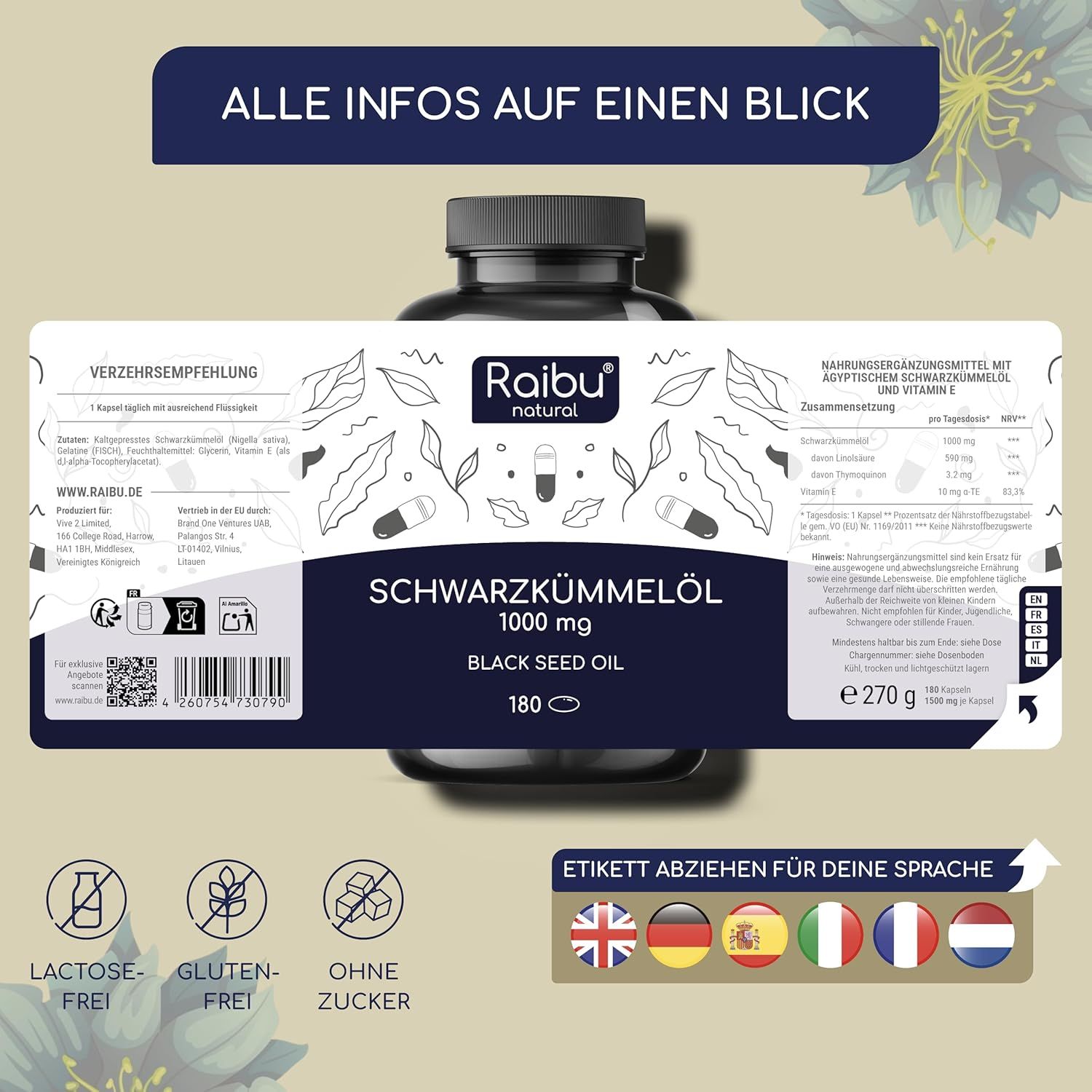 Schwarzkümmelöl Kapseln in einer Flasche. Etikett mit Produktinformationen und Logos. Mehrsprachige Etiketten zum Abziehen.