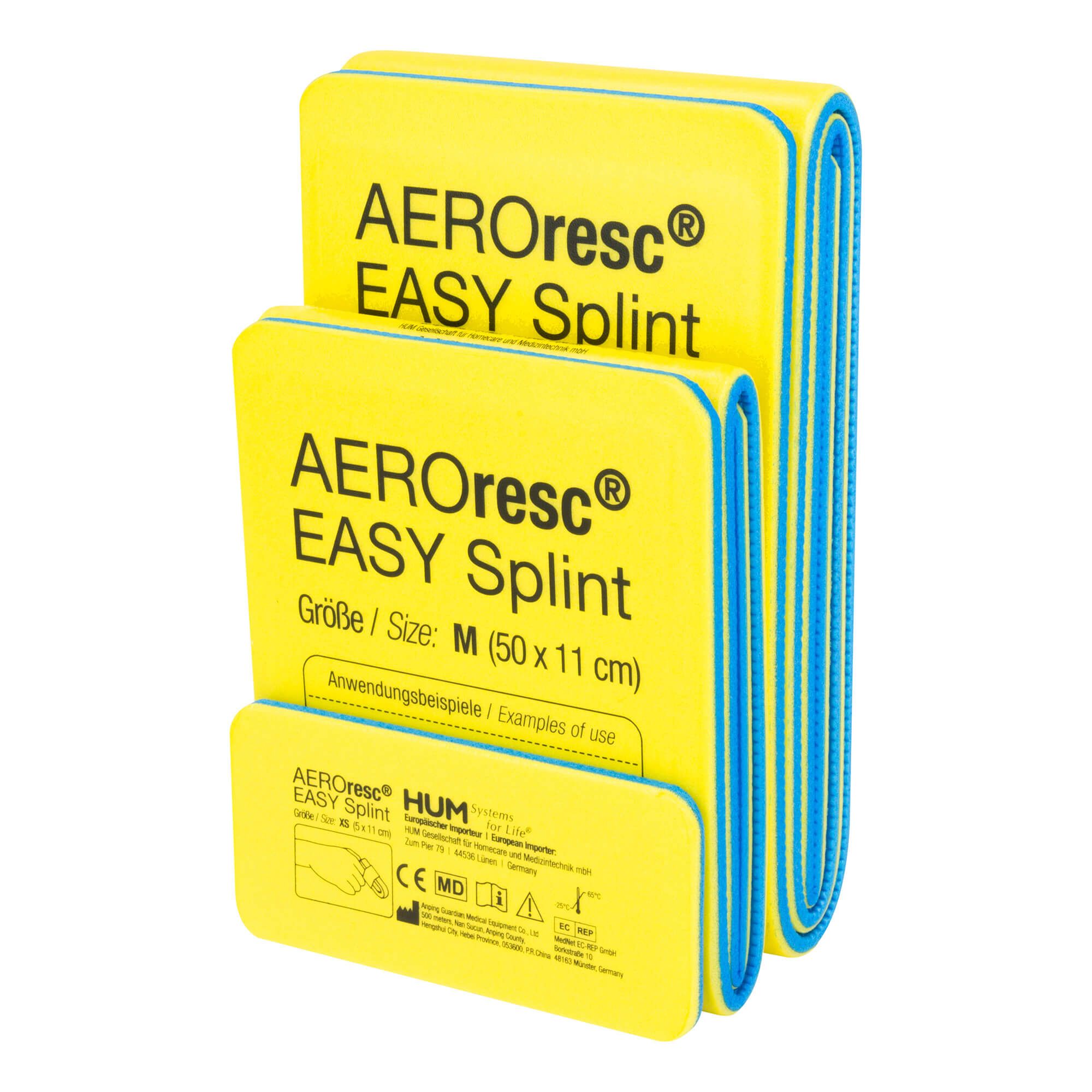 Gelbe AEROresc EASY Splint Universalschienen. Größe M (50 x 11 cm). Blaue Kanten. Text: Anwendungbeispiele, CE-Kennzeichnung.
