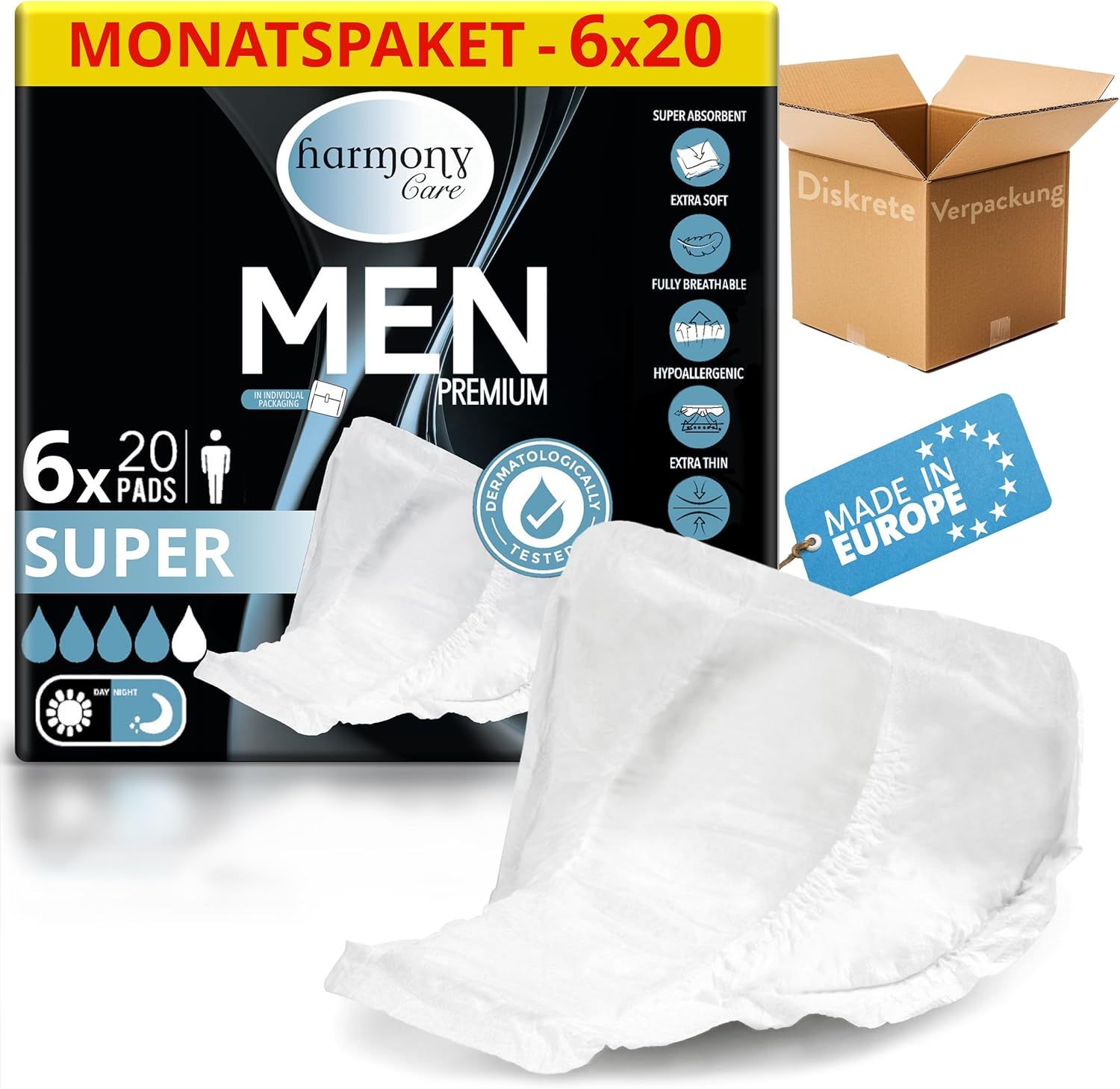 Inkontinenzeinlagen für Männer. Packung mit 6x20 Einlagen. Marke: Harmony Care. Aufdruck: MEN, SUPER, dermatologisch getestet, MADE IN EUROPE. Kartonverpackung.