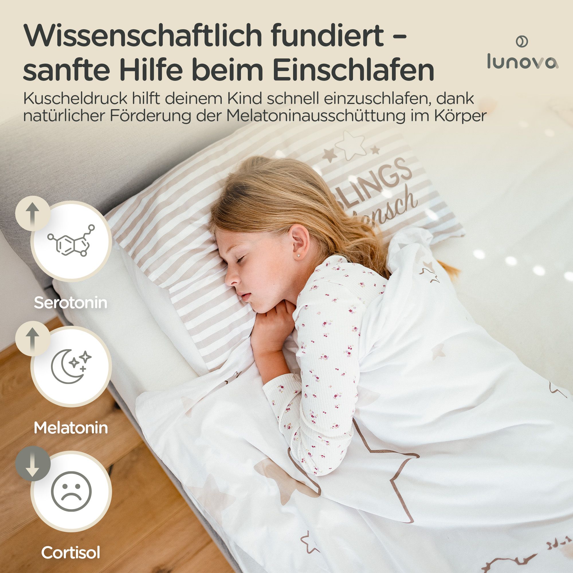 Kind schläft unter weißer Decke mit Sternenmuster. Diagramme zeigen Serotonin, Melatonin und Cortisol. Text: sanfte Hilfe beim Einschlafen.