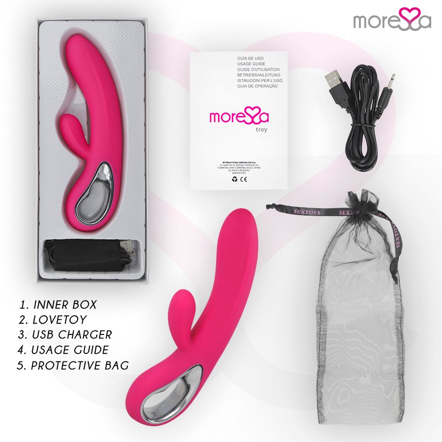 Verpackungsinhalt: Pinkfarbener Silikon-Vibrator, Ladeкабель, Anleitung, Beutel.