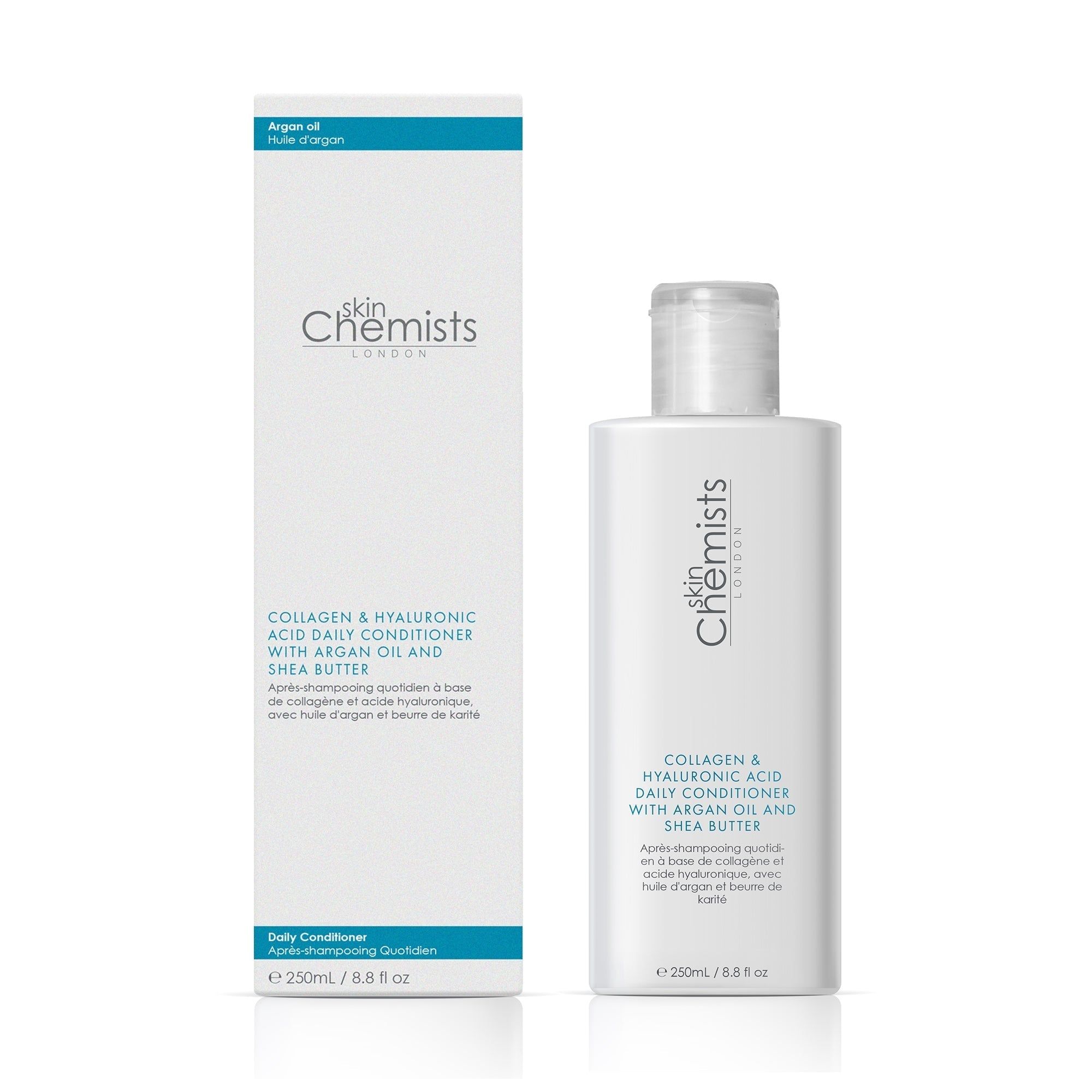 SkinChemists Collagen & Hyaluronsäure Daily Conditioner mit Verpackung. Text: Arganöl und Sheabutter. 250ml.