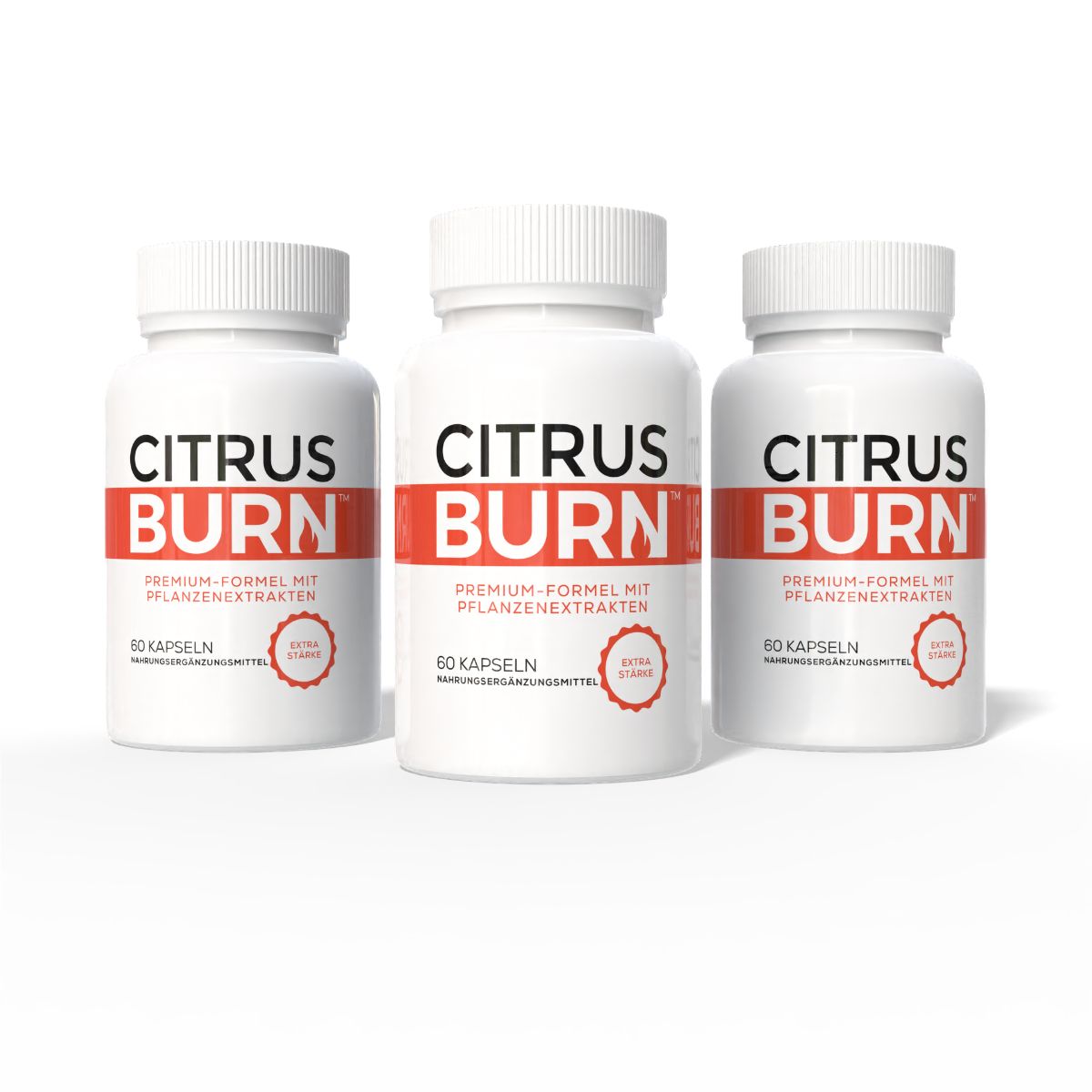 Drei weiße Flaschen "Citrus Burn" mit roten Etiketten, die jeweils 60 Kapseln enthalten.