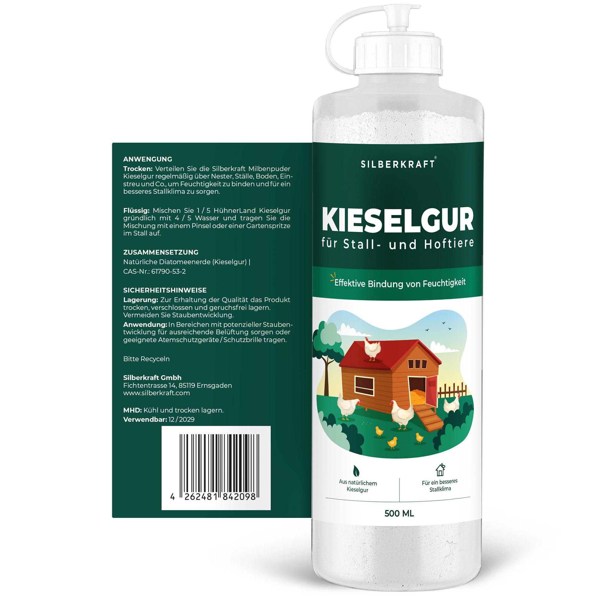 Flasche SILBERKRAFT Kieselgur. Text: Anwendung, Zusammensetzung, Sicherheitshinweise. Grünes Etikett mit Text und Logo.