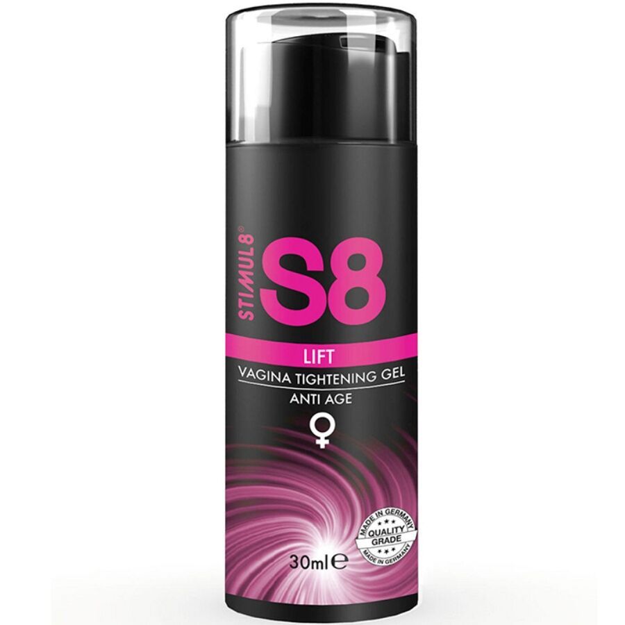 Schwarze Flasche mit transparentem Deckel. Rosa Schriftzug: S8 LIFT Vaginalstraffendes Gel. Anti Age. 30ml. Qualitätszeichen.