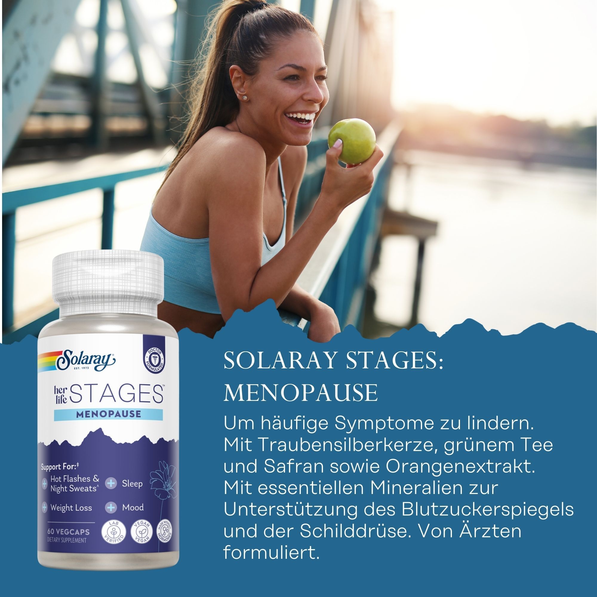 Solaray Stages Menopause. Flasche mit 60 Kapseln. Unterstützt bei Hitzewallungen, Nachtschweiß, Gewichtsverlust, Schlaf und Stimmung. Mit Inhaltsstoffen.