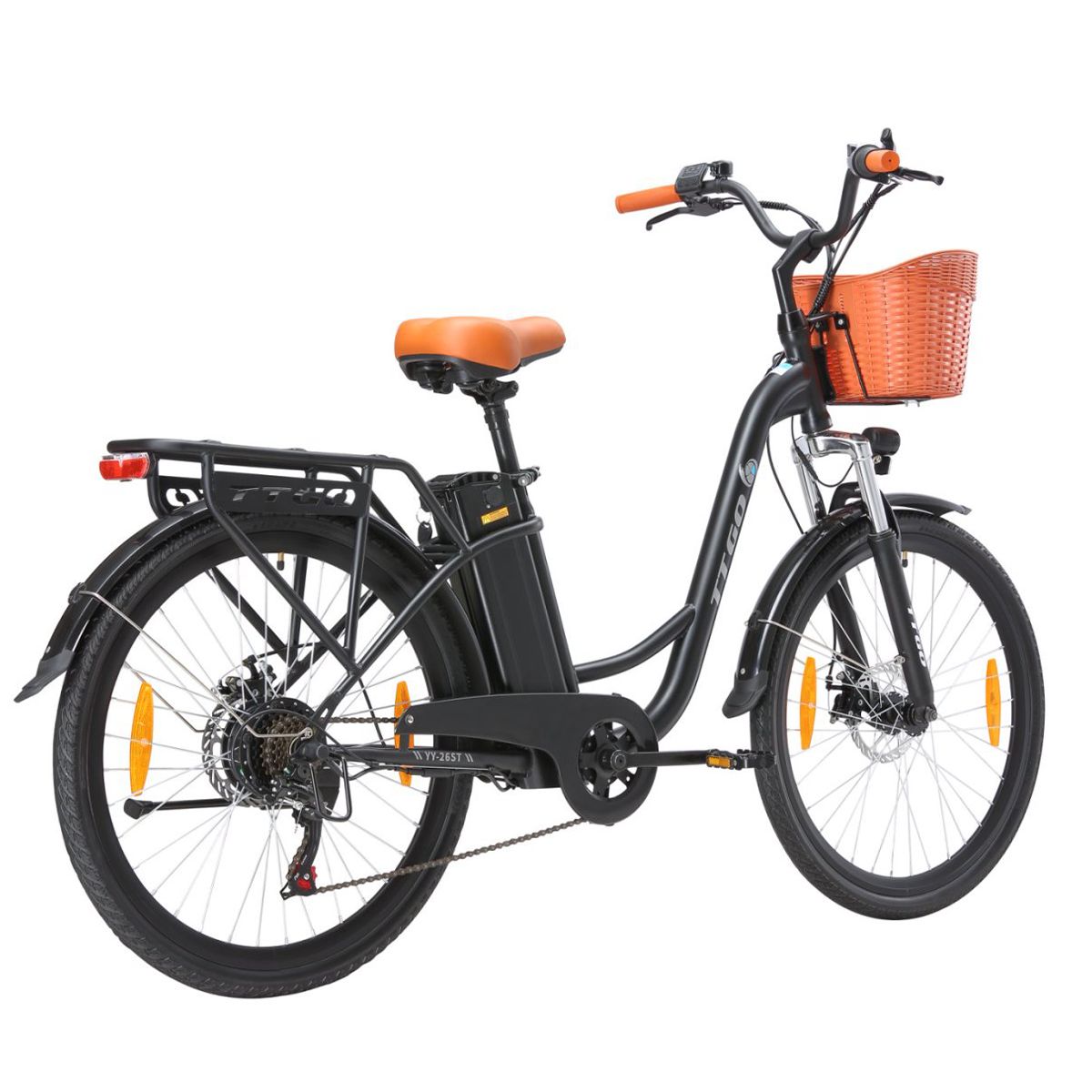 Schwarzes Elektrofahrrad mit Korb, braunem Sattel und orangefarbenen Griffen. TTGO-Logo am Rahmen.