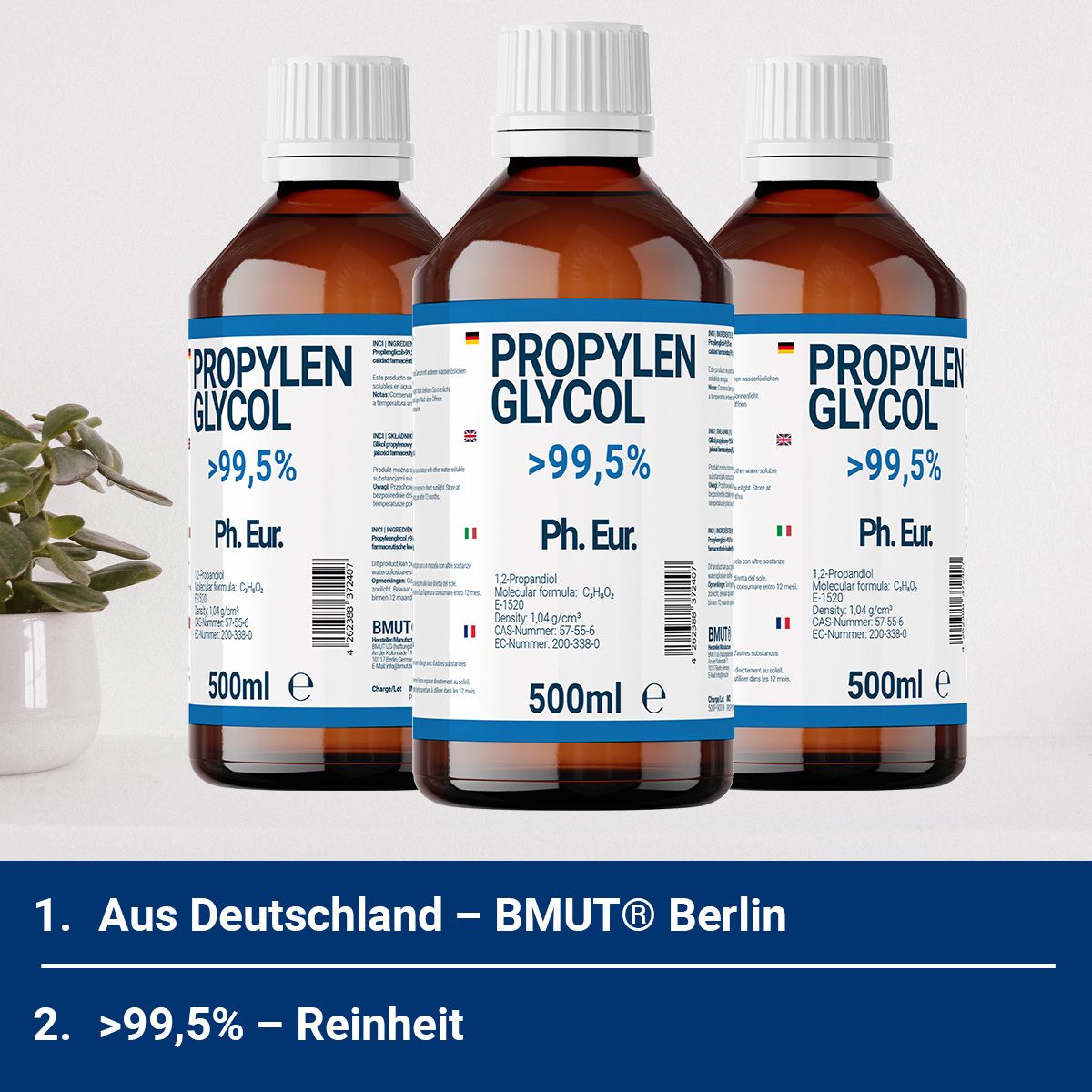 Drei Flaschen Propylenglykol >99,5%, Ph. Eur. Text: Aus Deutschland - BMUT® Berlin. Reinheit >99,5%. 500ml.