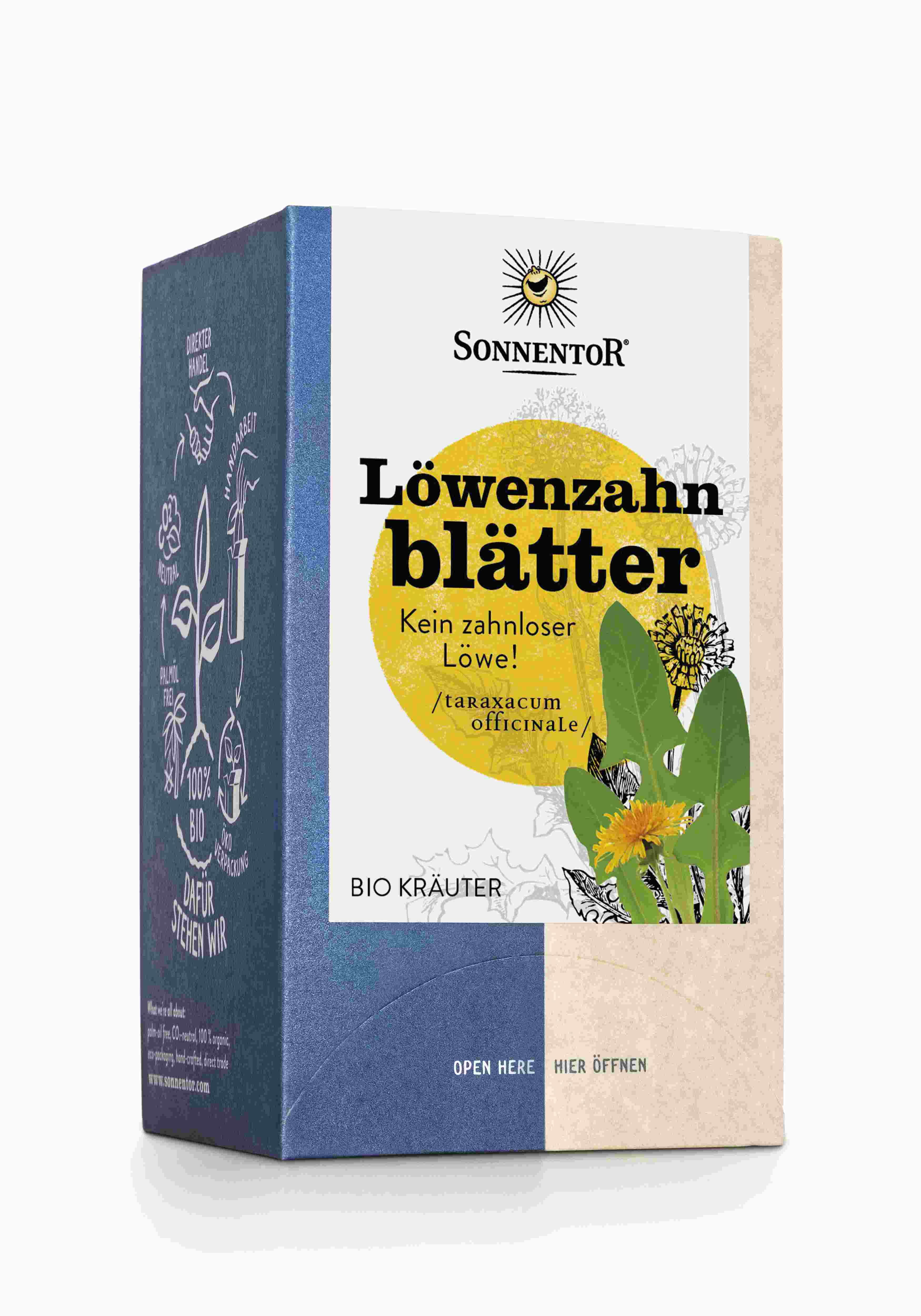 Verpackung von SonnentoR Löwenzahnblätter bio Doppelkammerbeutel. Aufschrift: Löwenzahnblätter, Bio Kräuter. Mit Illustrationen von Löwenzahn.
