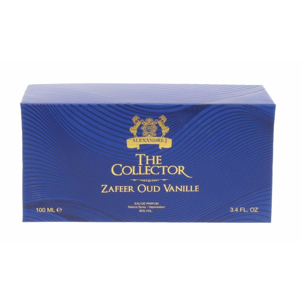 Blaues rechteckiges Paket mit Wellenmuster. Aufschrift: Alexandre.J The Collector Zafeer Oud Vanille. Goldene Logos und Schrift.
