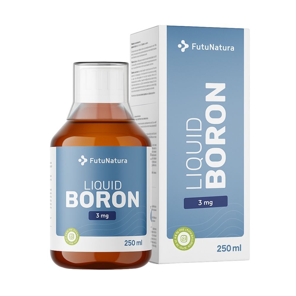 Flasche und Schachtel mit FutuNatura Liquid Boron. Aufschrift: Liquid Boron 3 mg, 250 ml. Grün-weiße Verpackung.