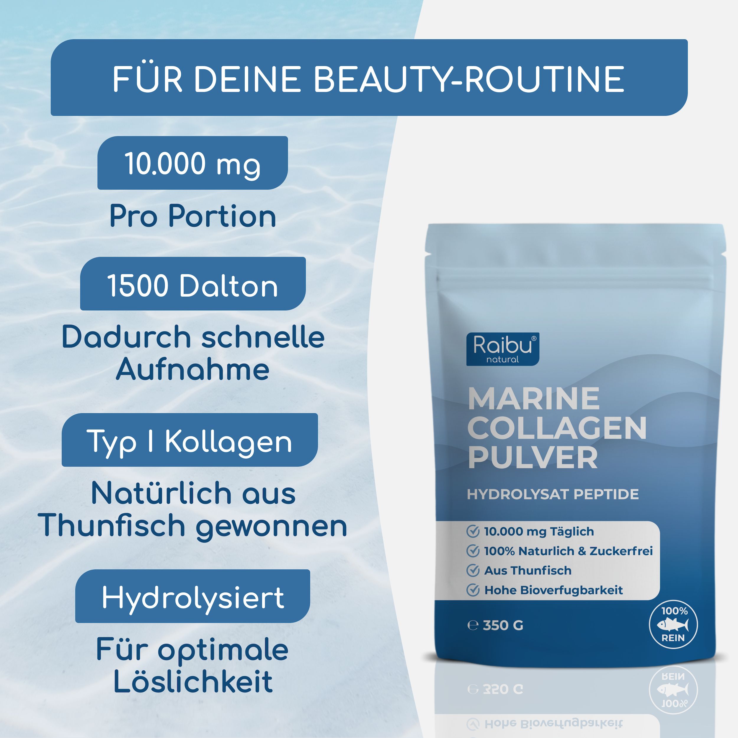 Marine Kollagen Pulver: 10.000mg, 1500 Dalton, Typ I Kollagen, hydrolysiert.