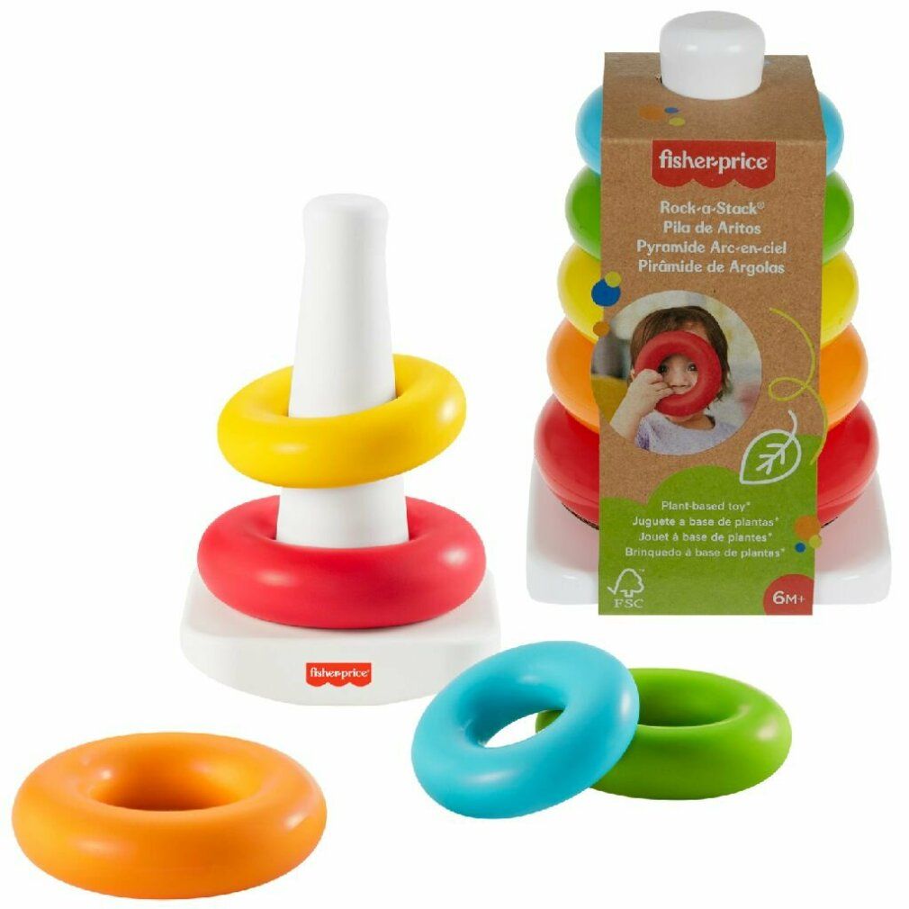 Stapelturm mit 5 farbigen Ringen, Verpackung mit Produktnamen und Logo.
